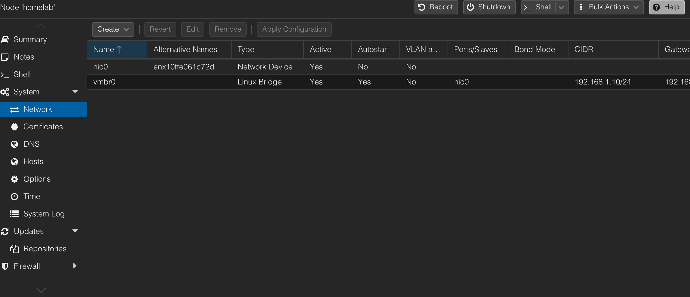 Initial Proxmox network view: physical NIC and vmbr0 exist before the lab bridge is created.