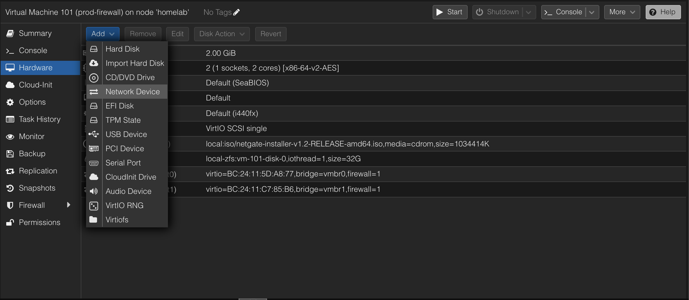 Second NIC added on vmbr1. This becomes the LAN side of pfSense.