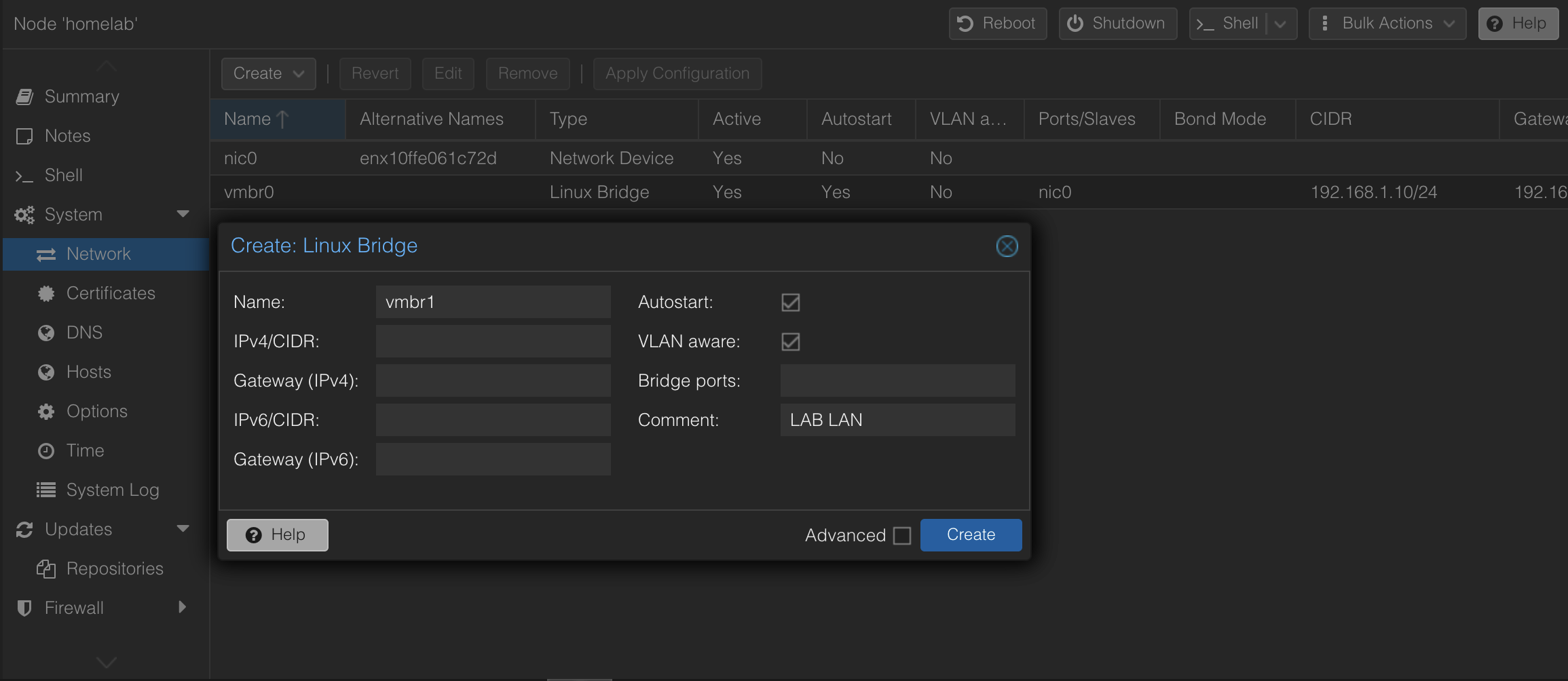 Creating vmbr1 as an internal VLAN-aware bridge with no IP and no physical bridge port.