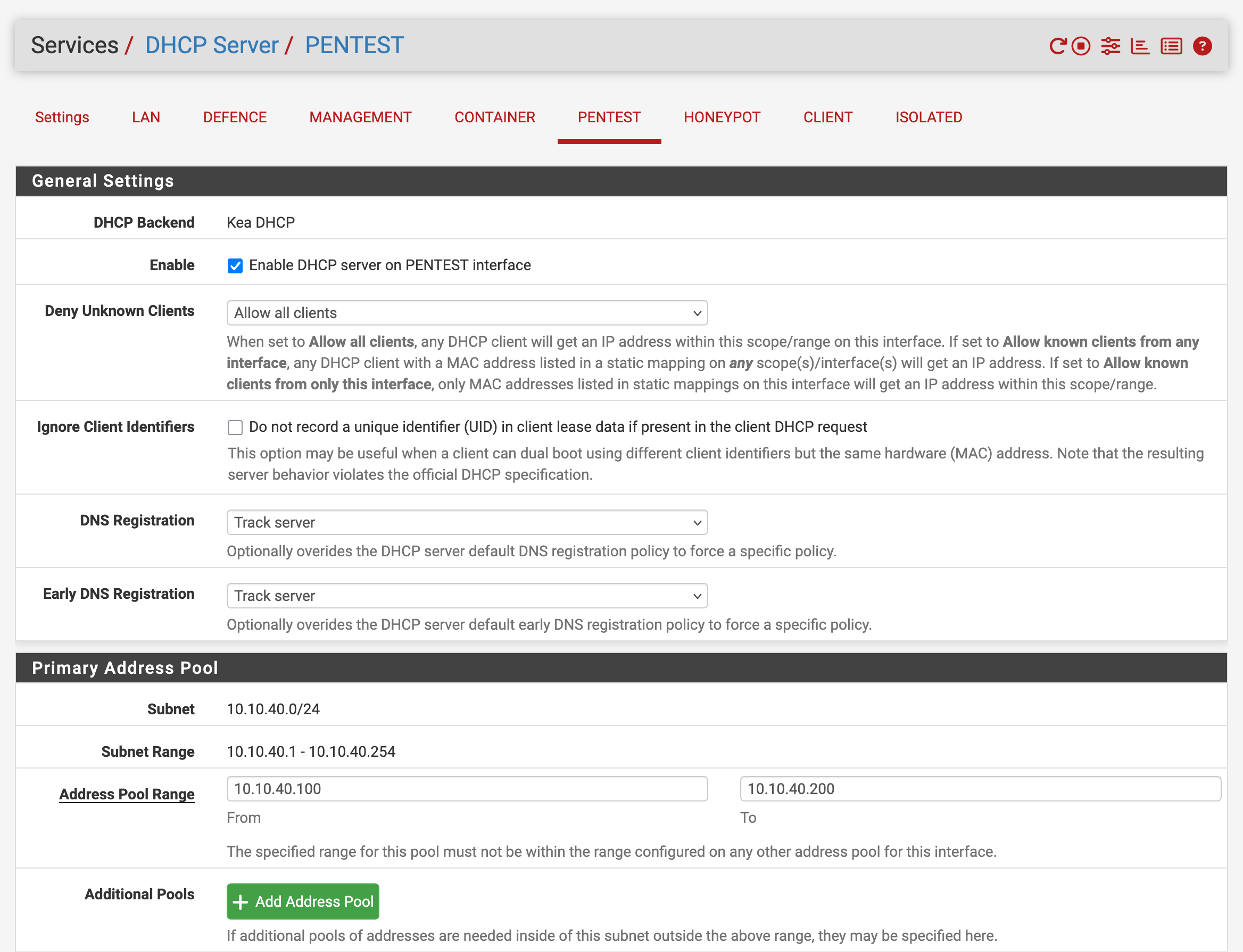 CONTAINER VLAN DHCP pool.