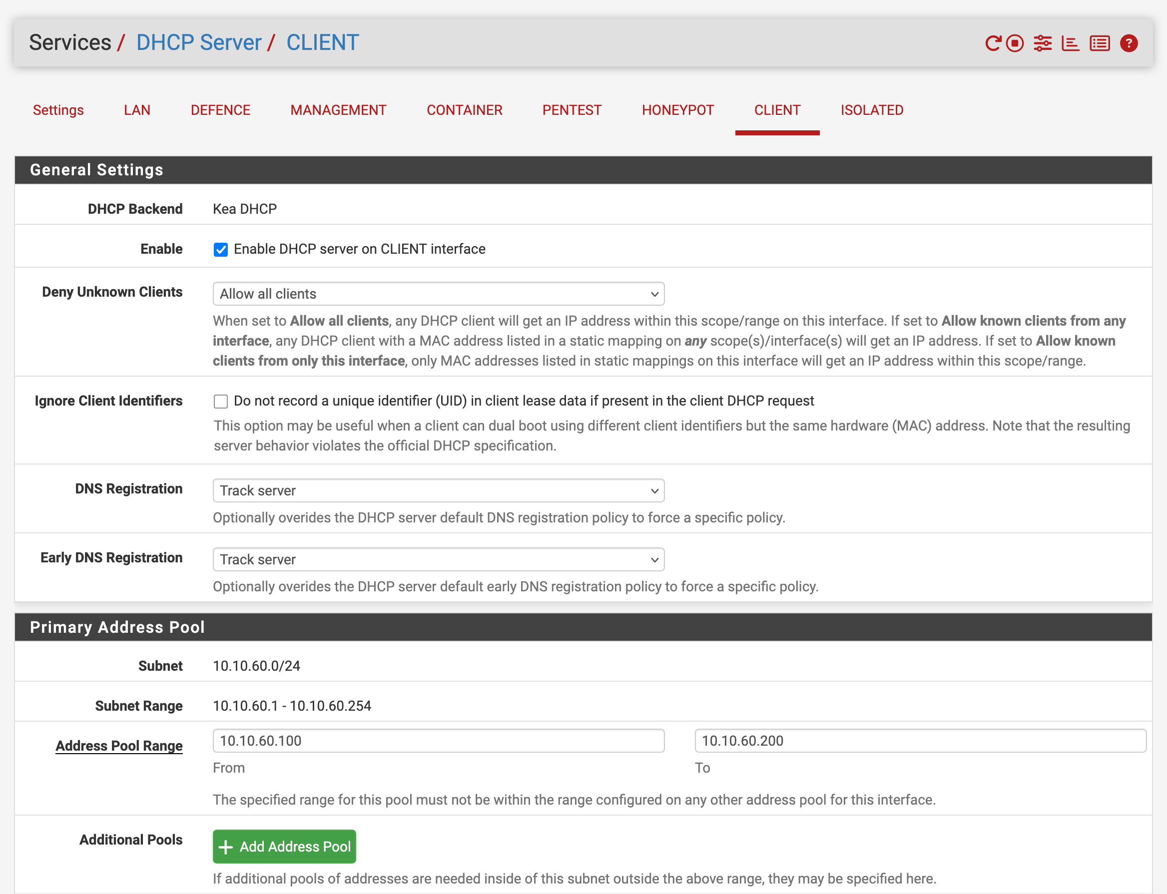 CLIENT VLAN DHCP pool.