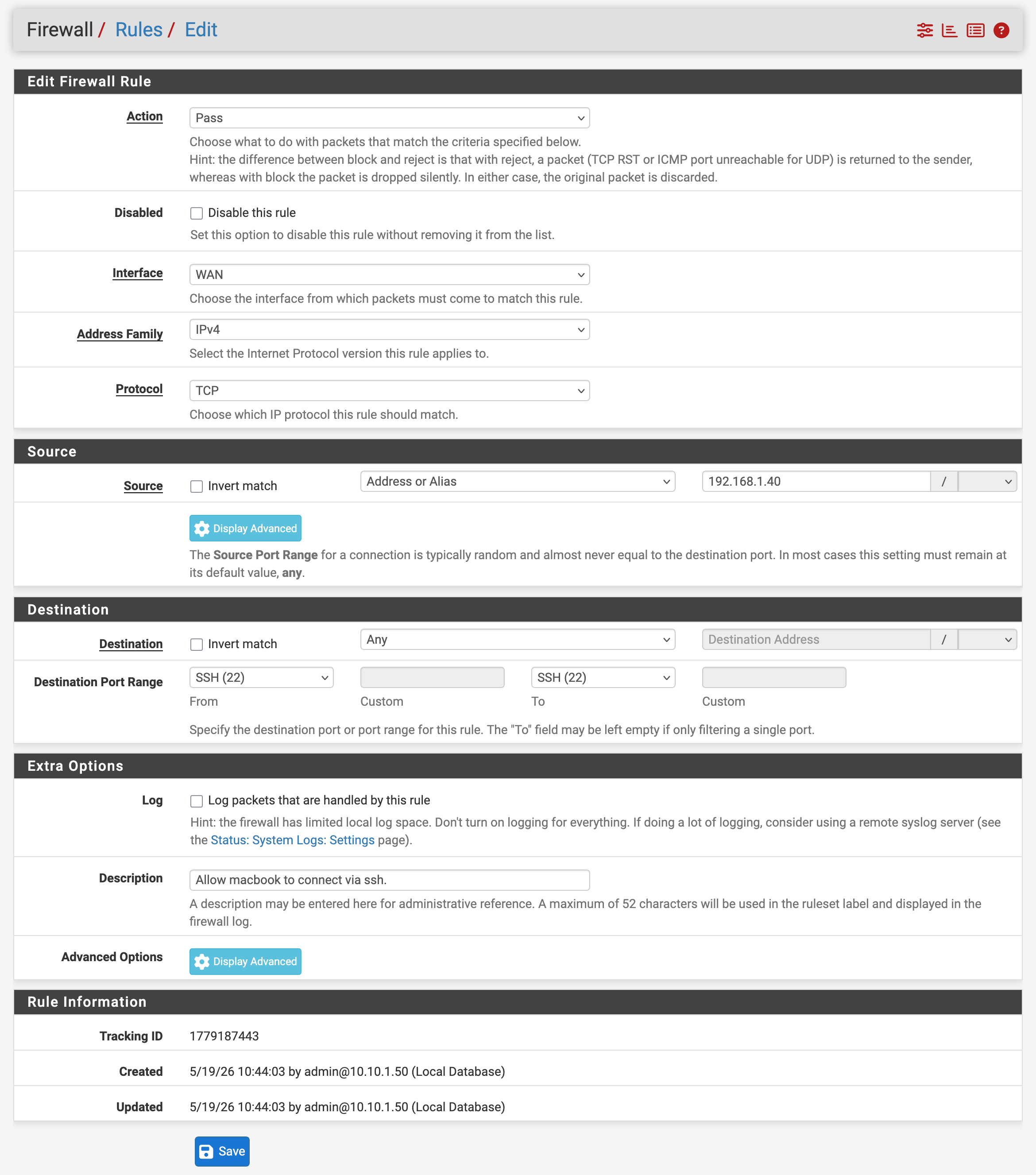 Permanent WAN rule: allow my MacBook to reach pfSense SSH.