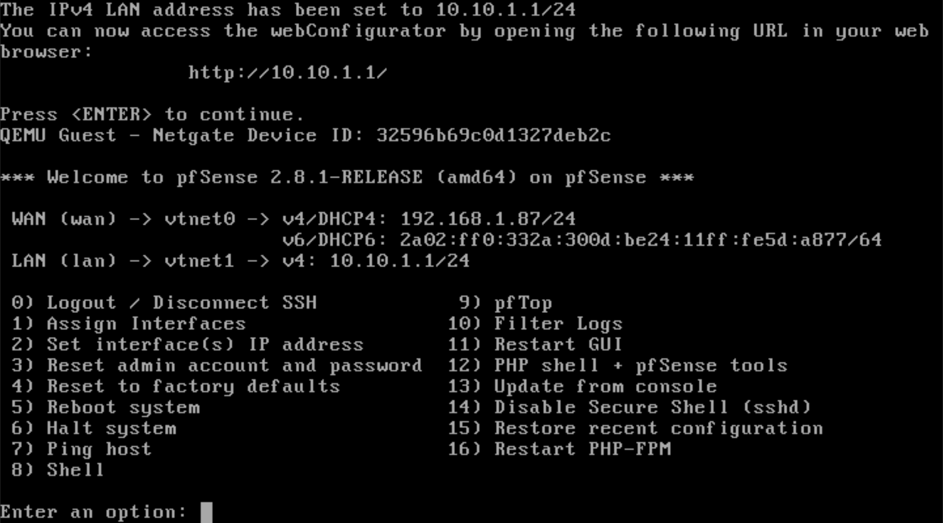 pfSense after first boot: WAN on vtnet0, LAN on vtnet1, and the console menu ready for initial network setup.