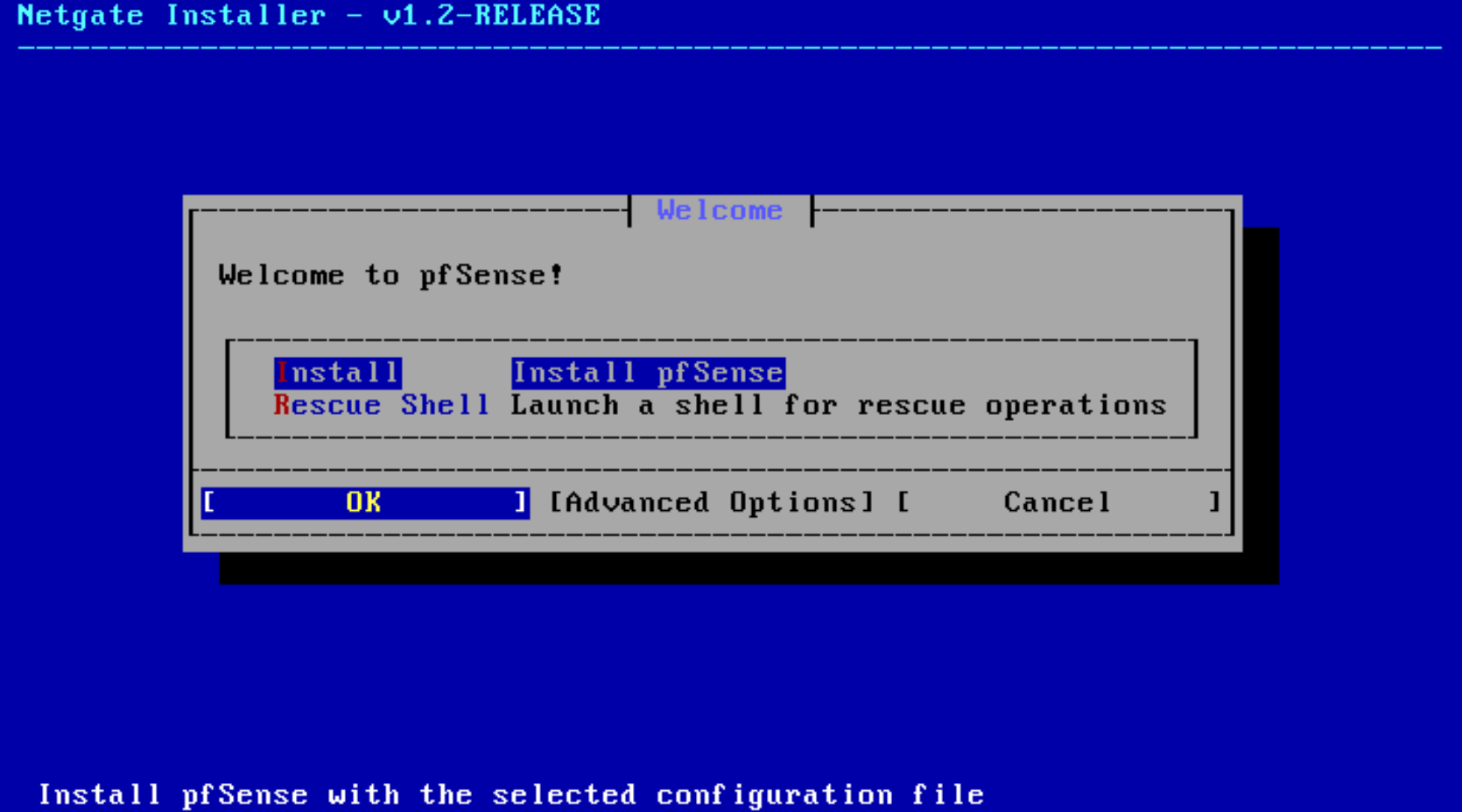 pfSense installer start screen.