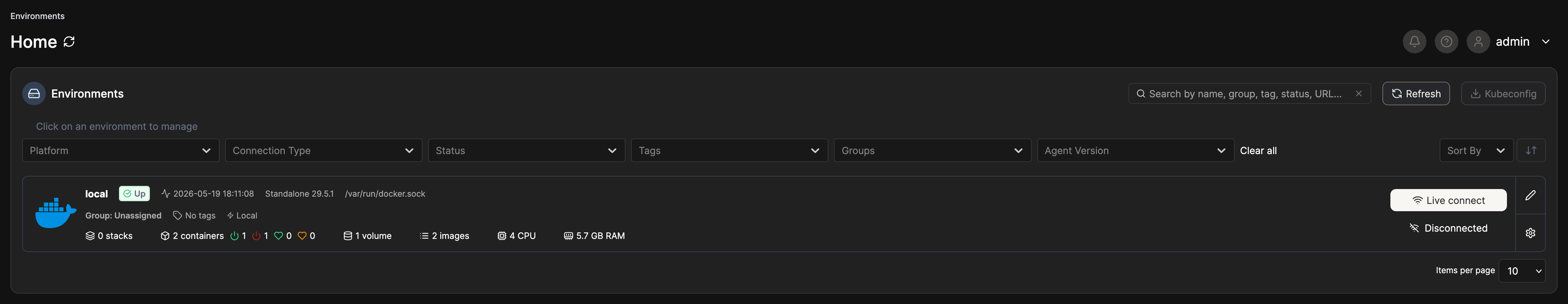 Quick setup connects Portainer to the local Docker environment.