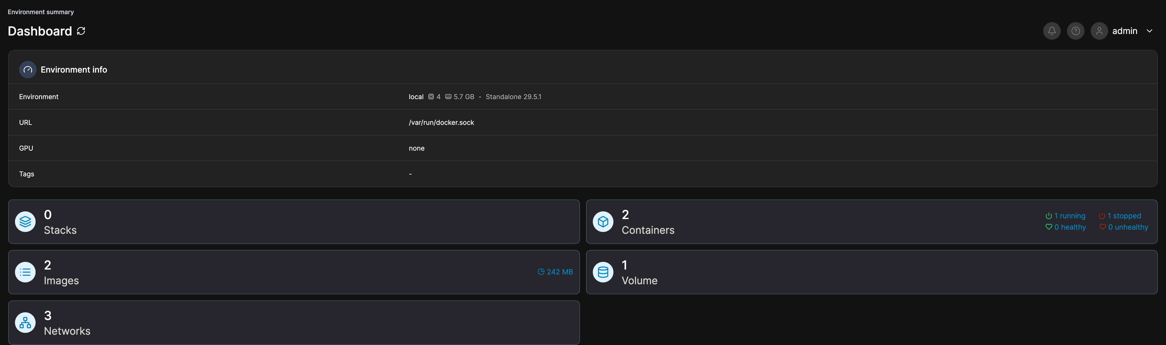 Portainer dashboard shows the local Docker environment.