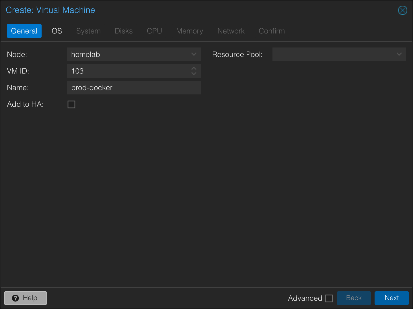 Docker host VM creation in Proxmox: VM ID 103, name prod-docker.