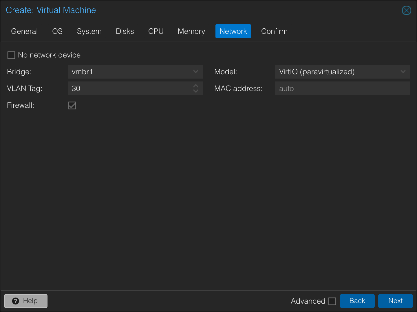 The Docker host NIC is on vmbr1 with VLAN tag 30, placing it in the CONTAINER segment.