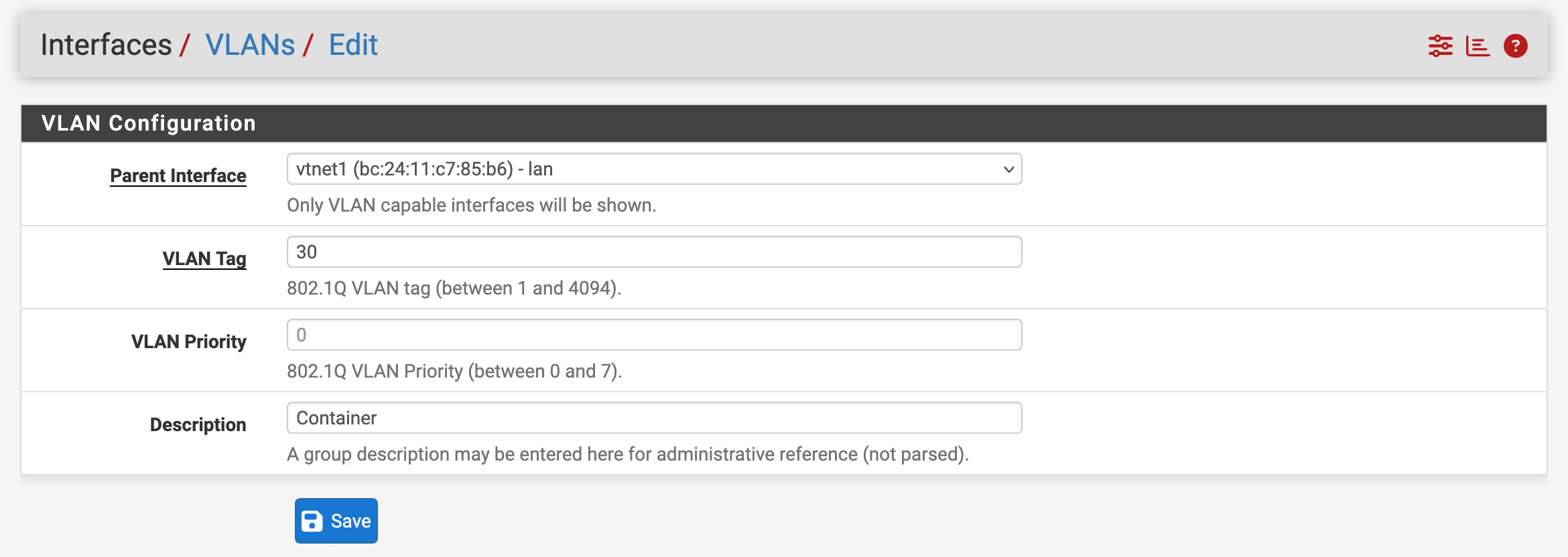 Assignments page before VLAN interfaces are added.