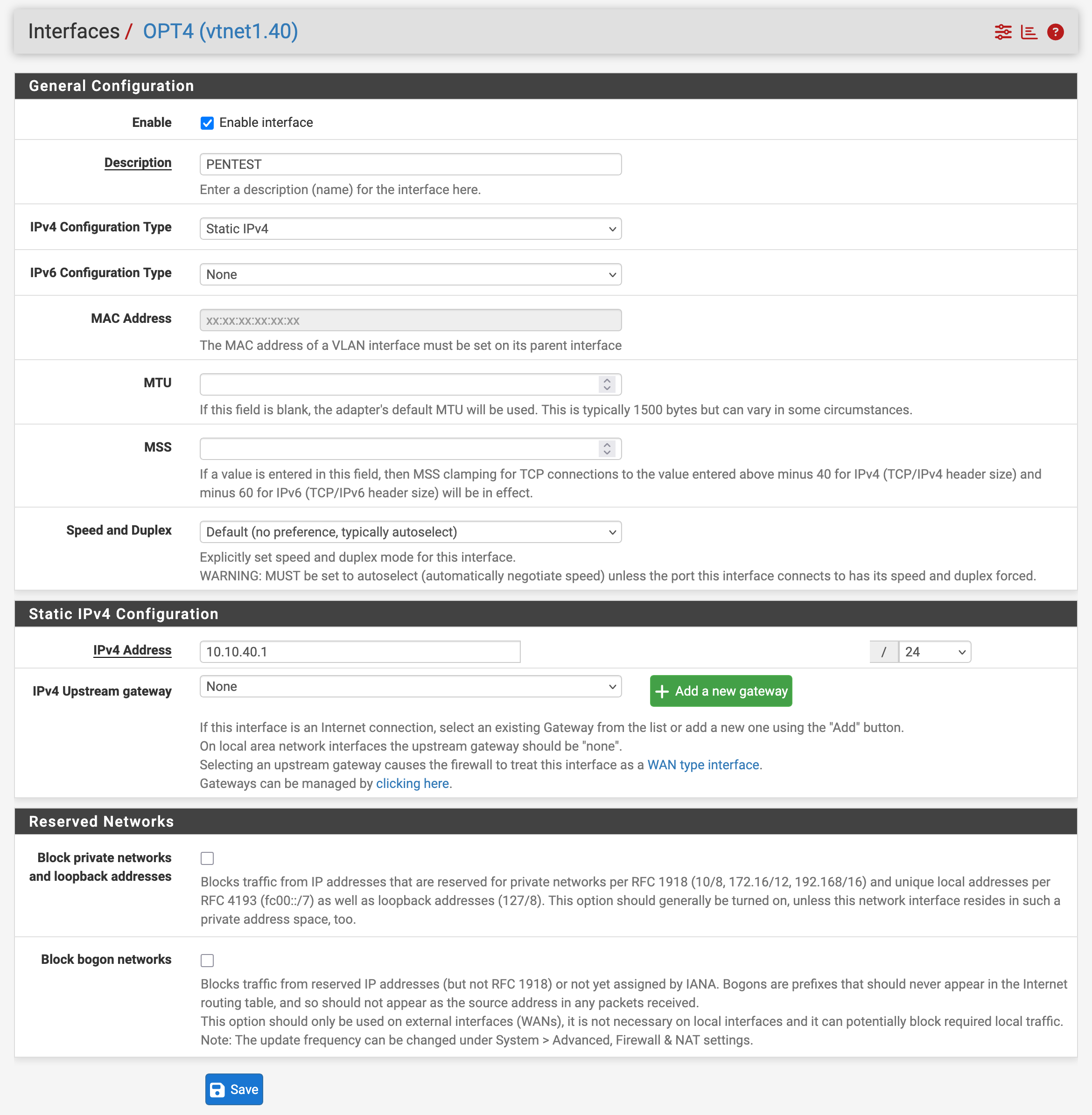 PENTEST gateway: 10.10.40.1/24.