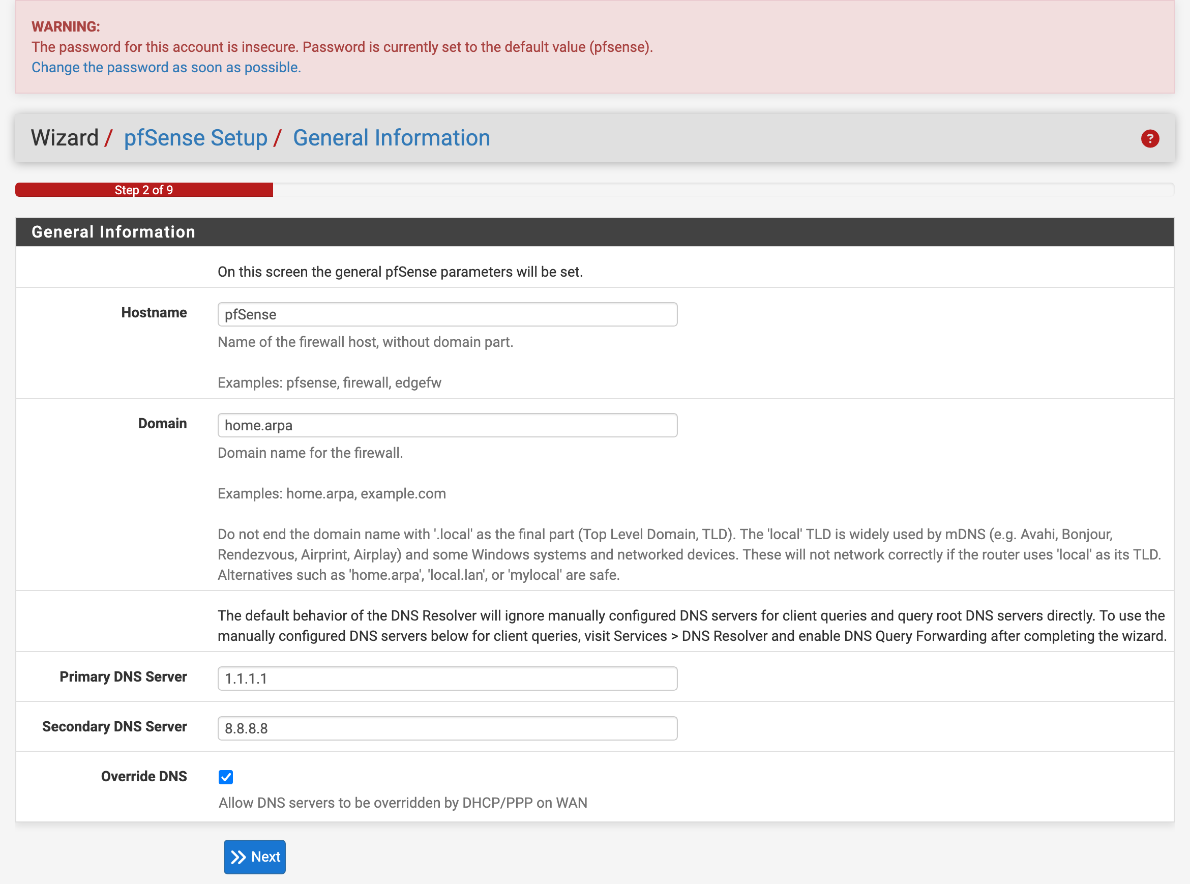 pfSense setup wizard: hostname, domain, and DNS settings.