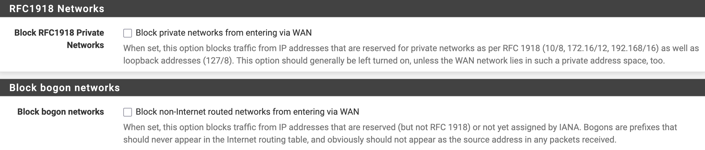Private/bogon blocking disabled on WAN because WAN is behind the home router in this lab.