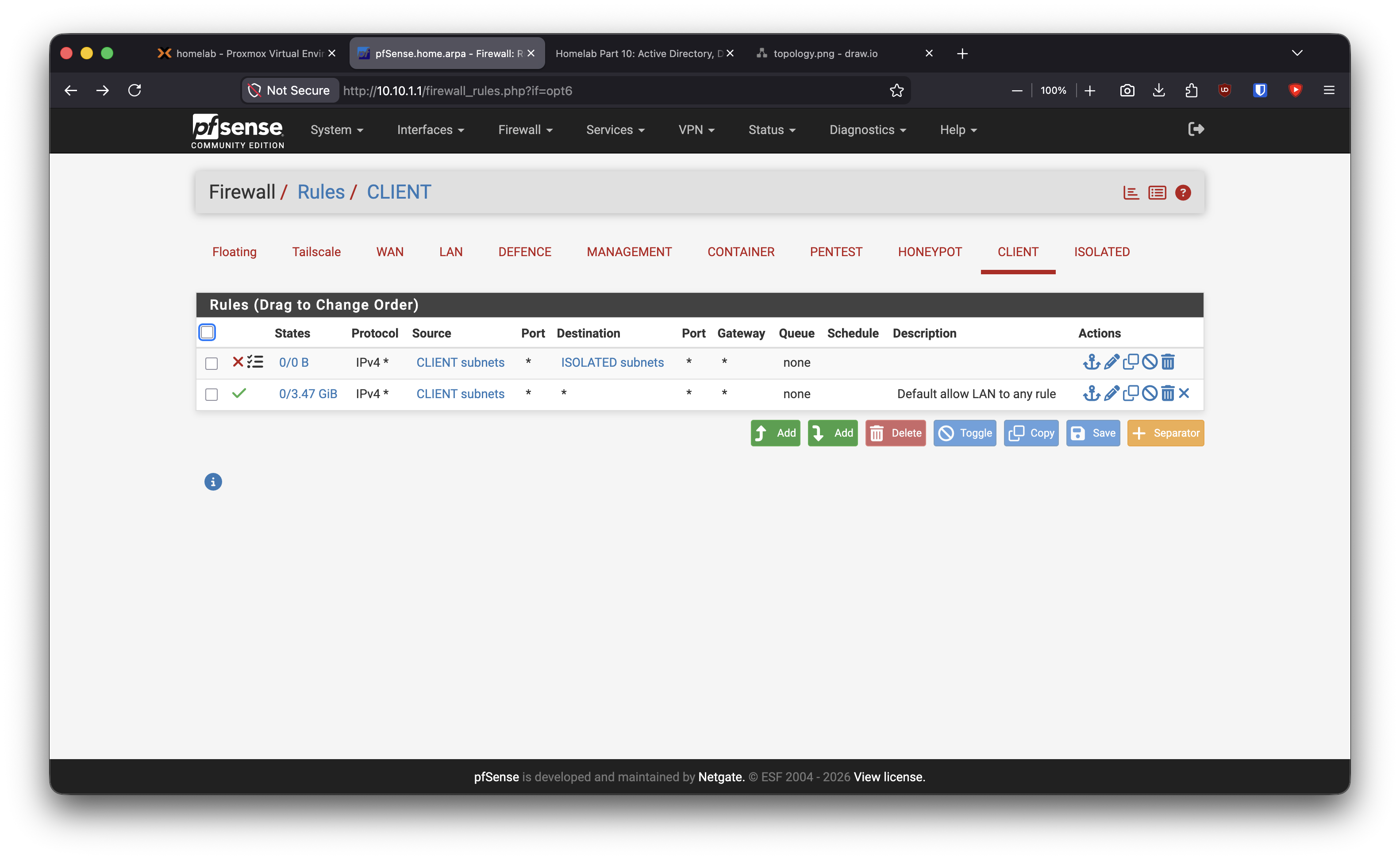 Block rules must sit above broad allow rules while migrating each VLAN.
