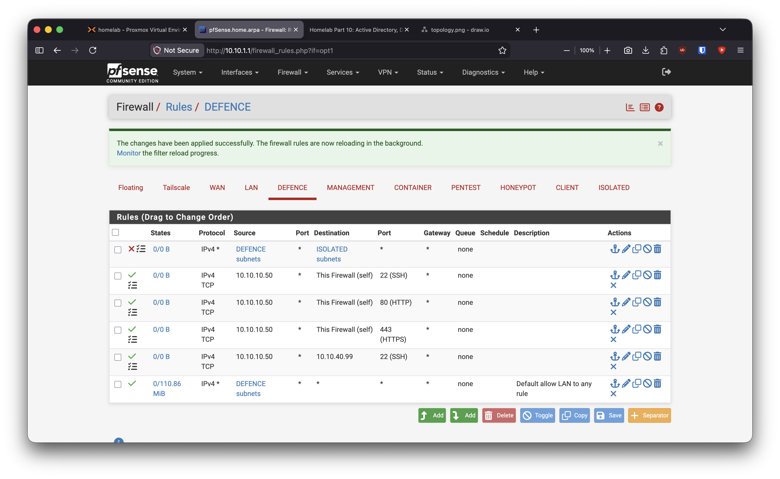 Jumpbox rules: pfSense management and SSH into Kali.