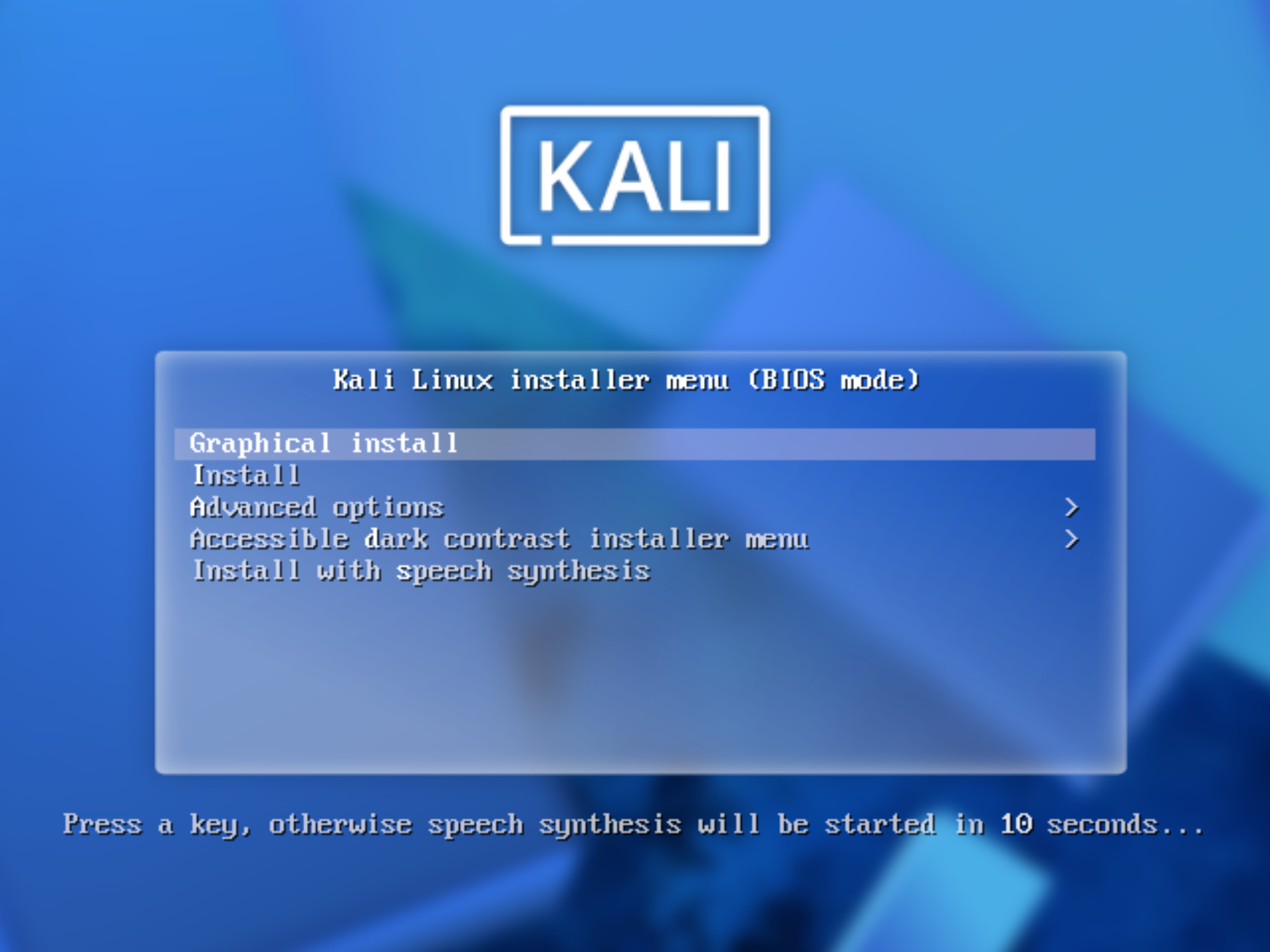 Kali graphical installer start.