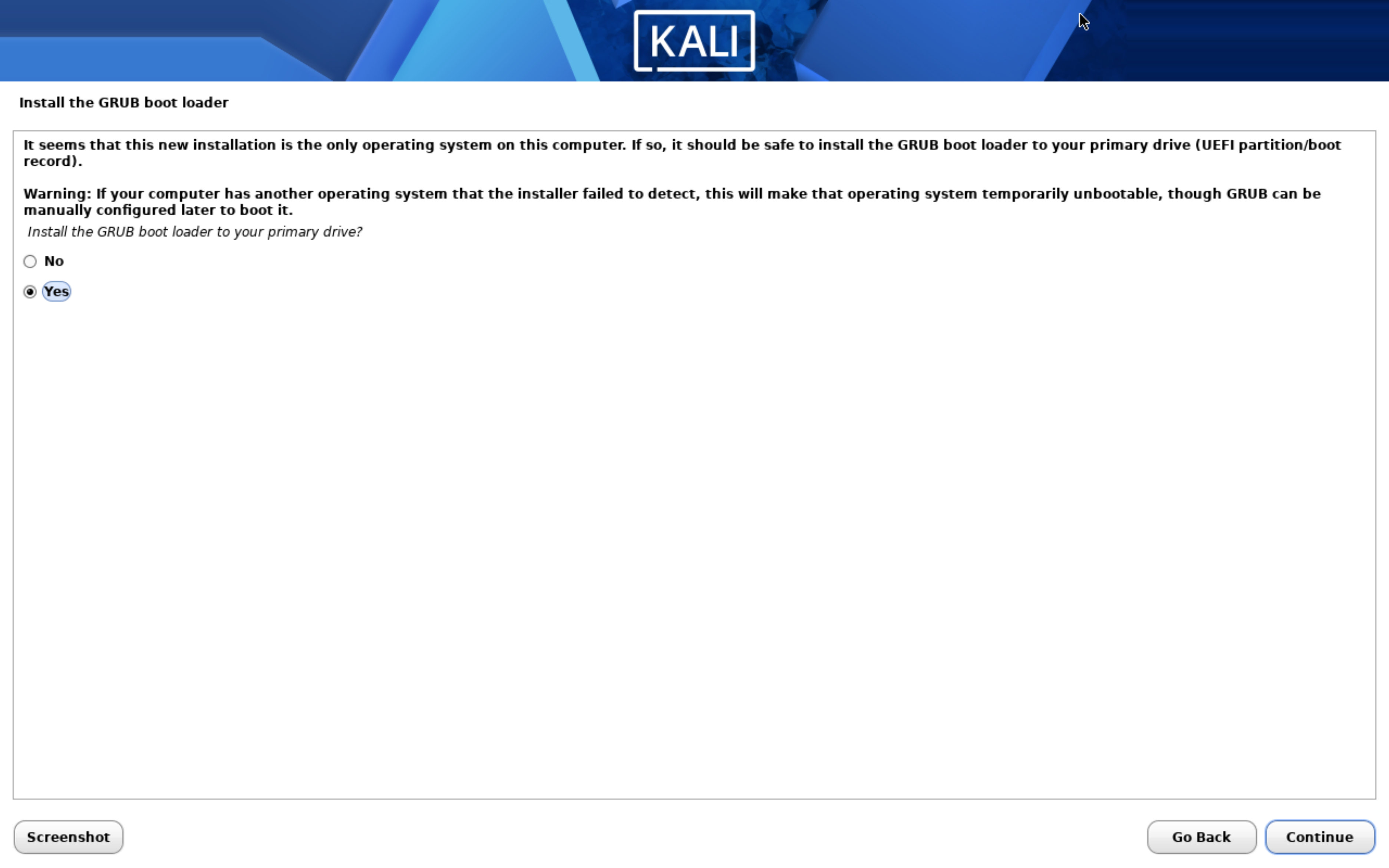 Kali software selection.