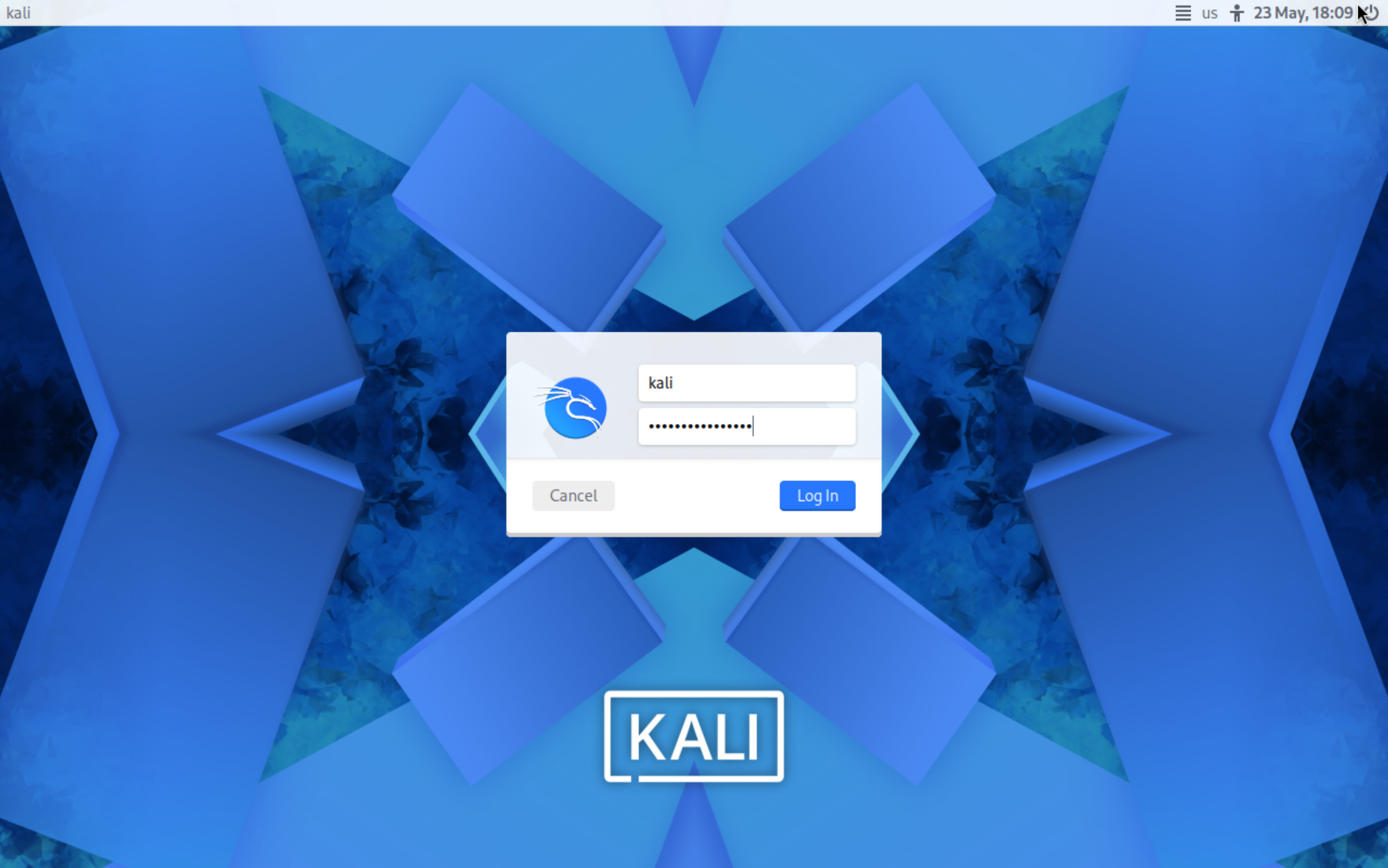 Kali installation complete in the PENTEST VLAN.