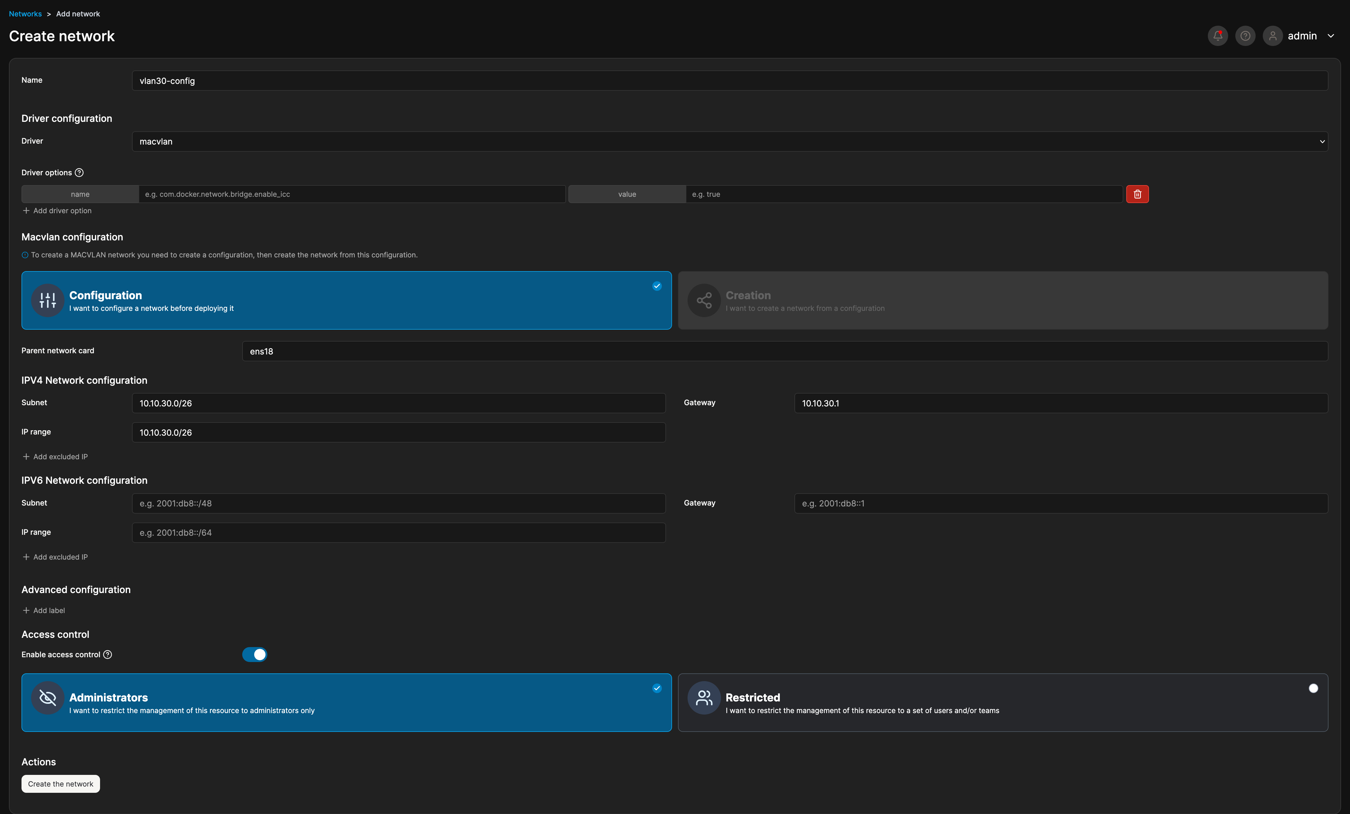 Portainer macvlan configuration using subnet 10.10.30.0/26 and gateway 10.10.30.1.