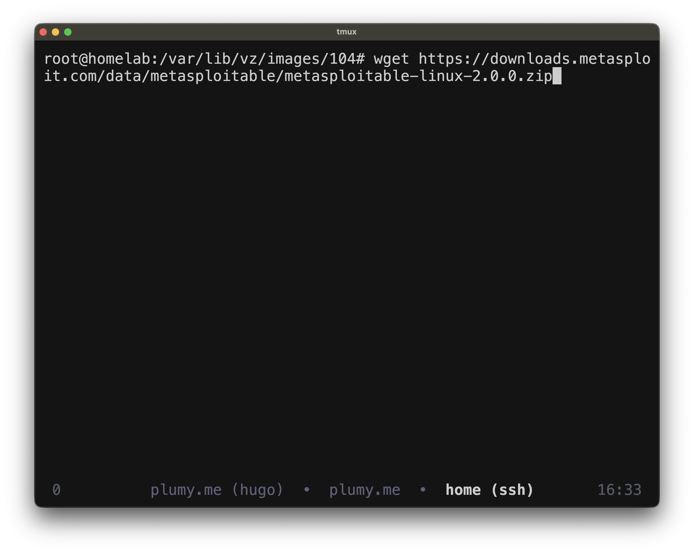Downloading the Metasploitable archive on the Proxmox host.