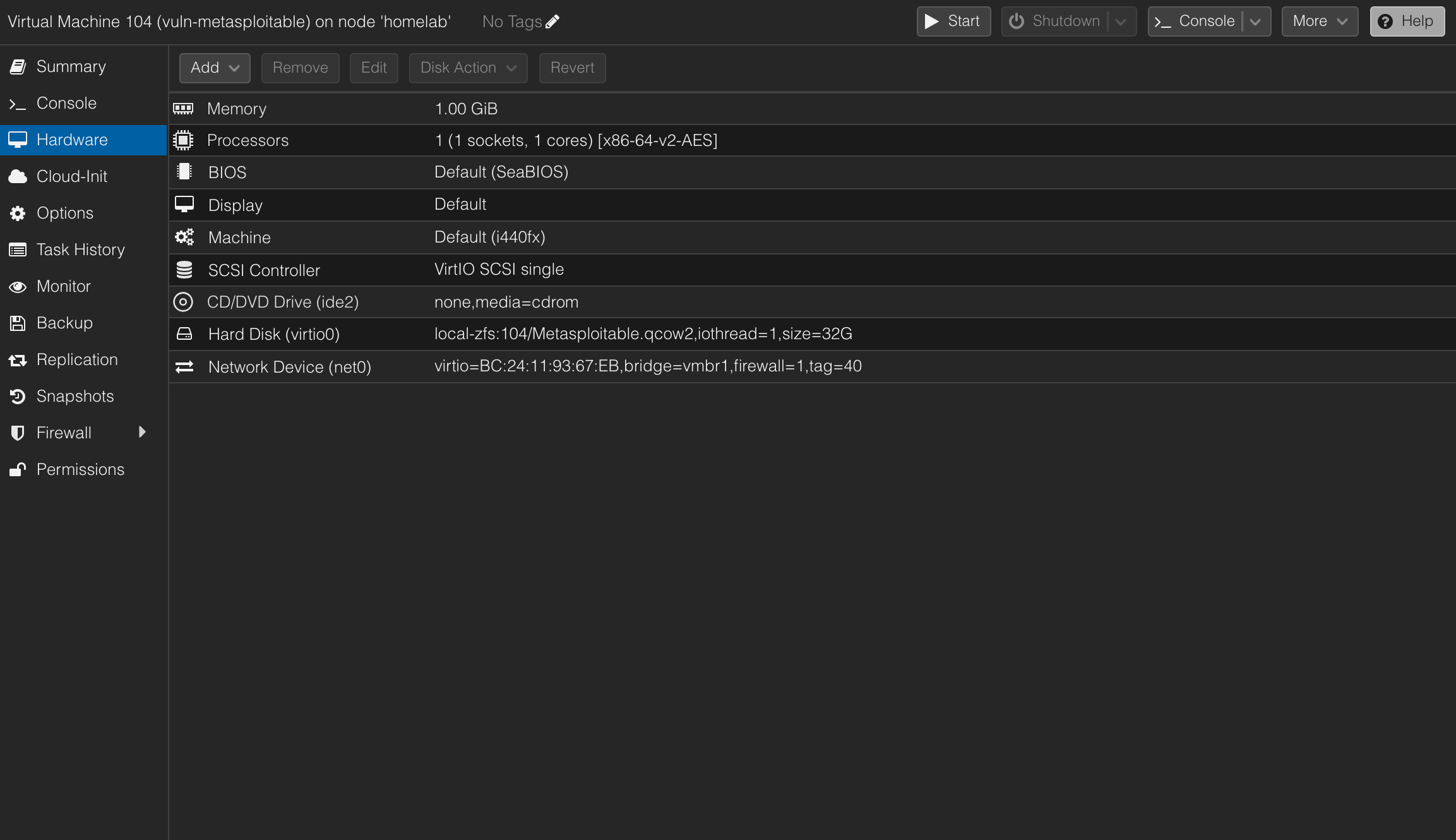 Metasploitable VM hardware: disk on local-zfs and network on VLAN 40.