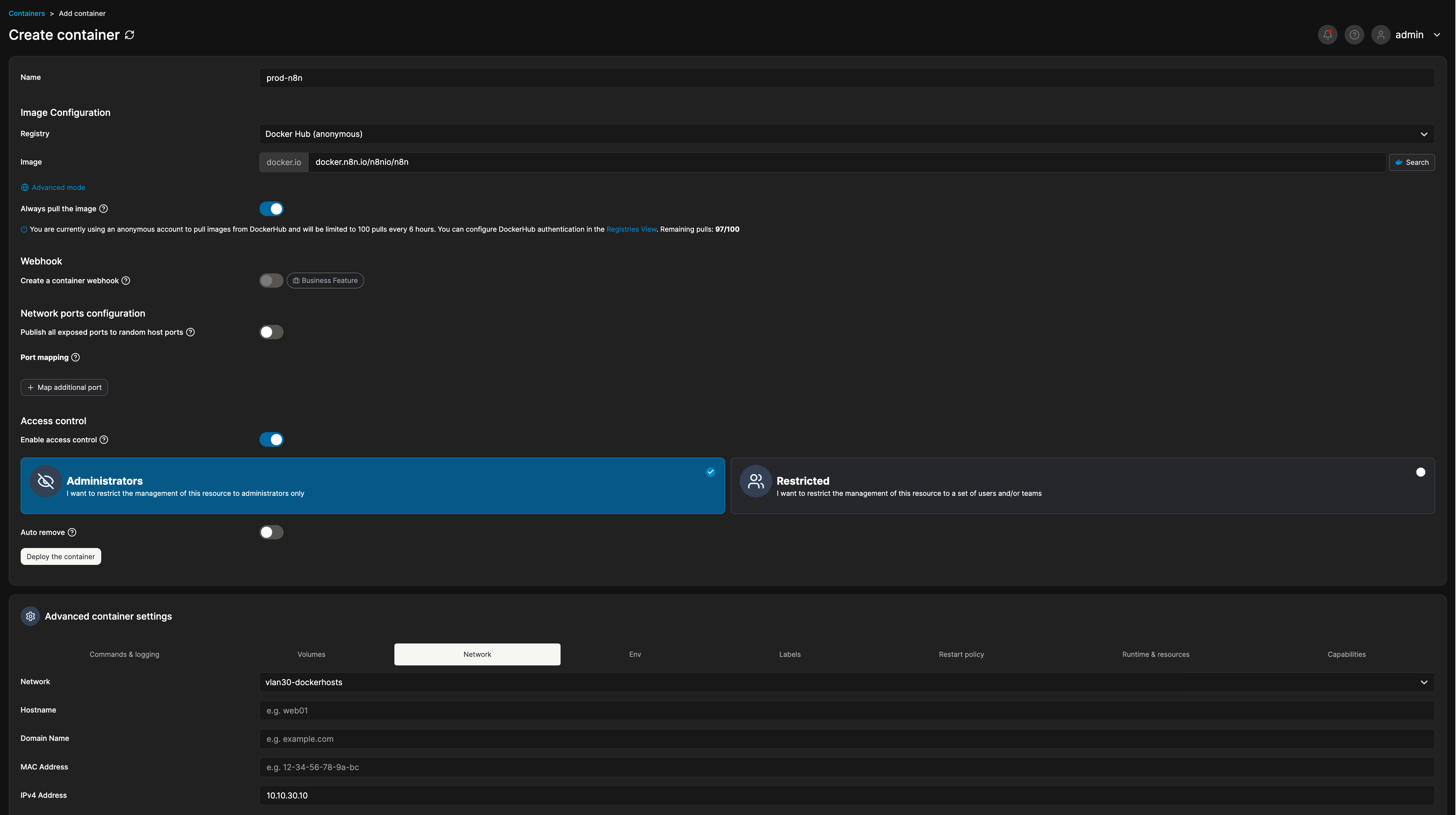 n8n container assigned a stable IP at 10.10.30.10.