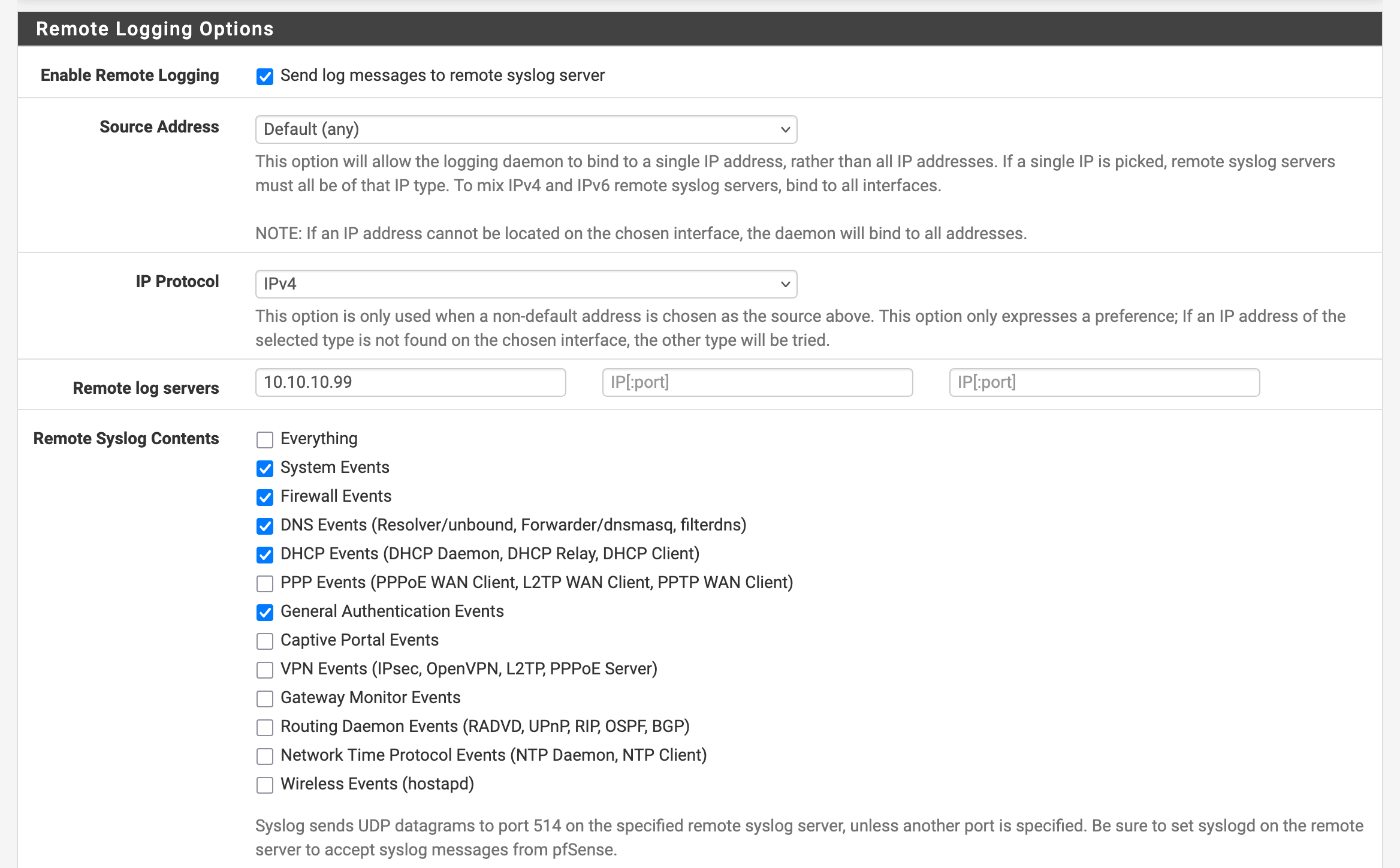 pfSense remote logging pointed at the Wazuh manager.