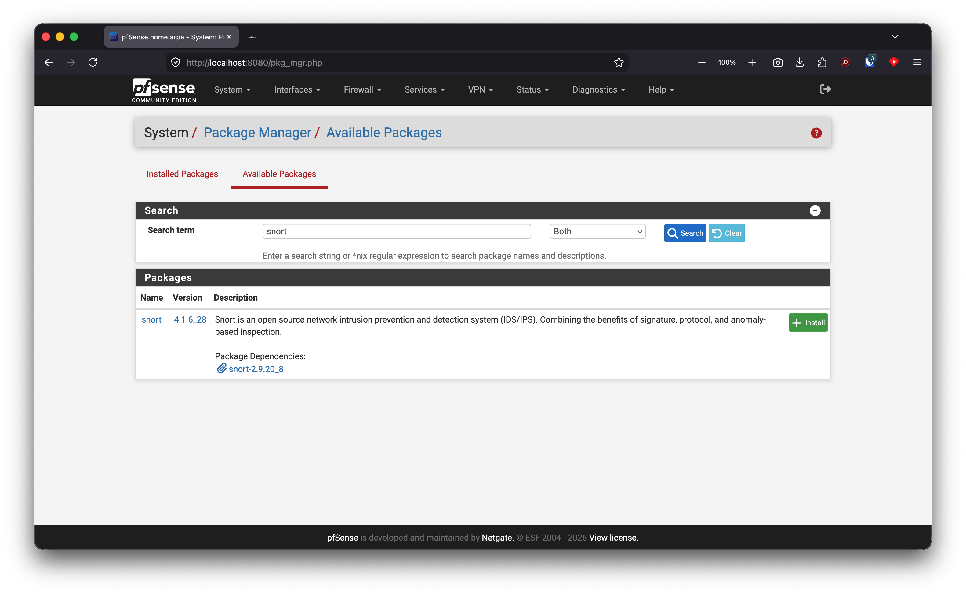 Searching for the Snort package in pfSense.