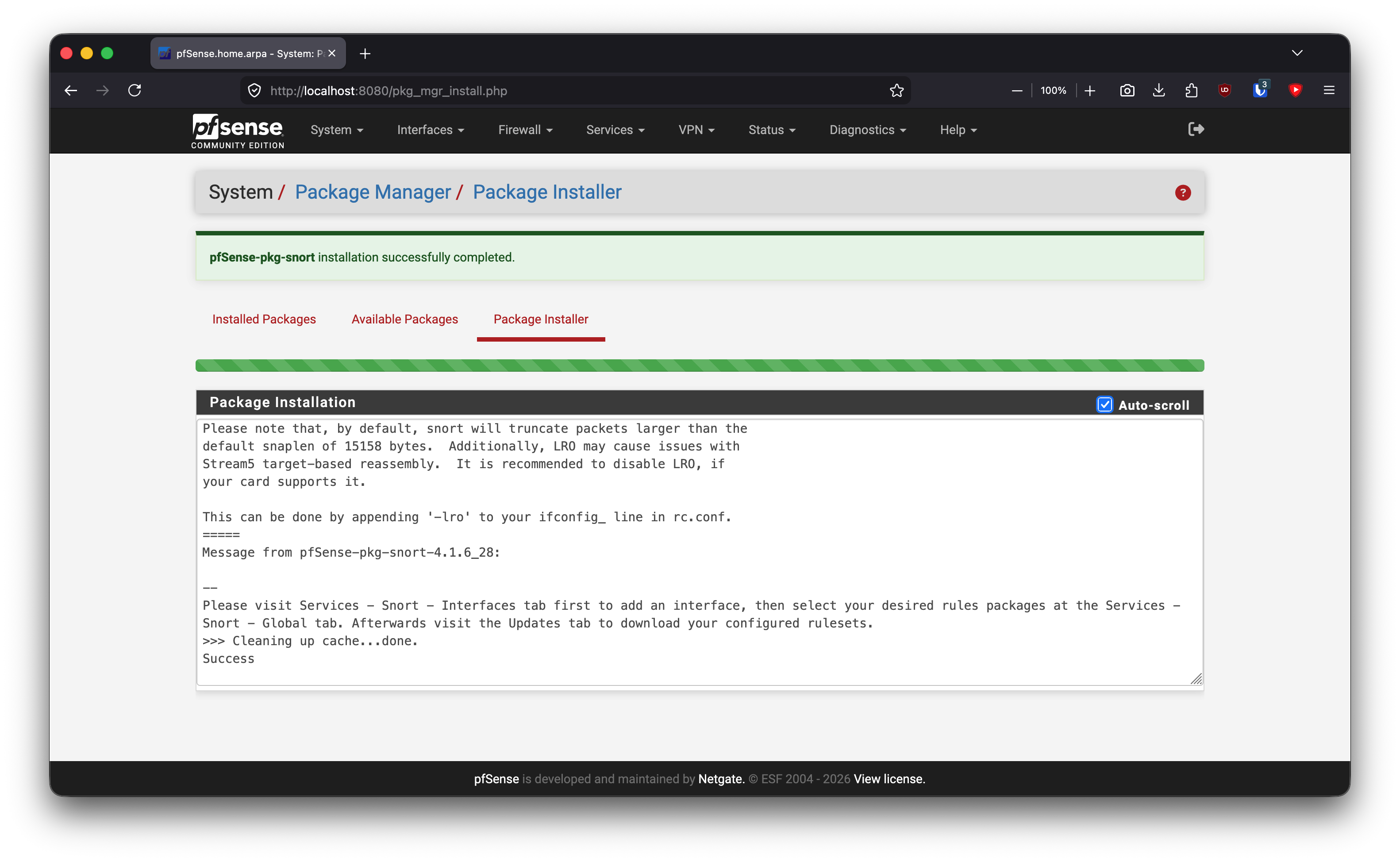 Snort package installed on pfSense.