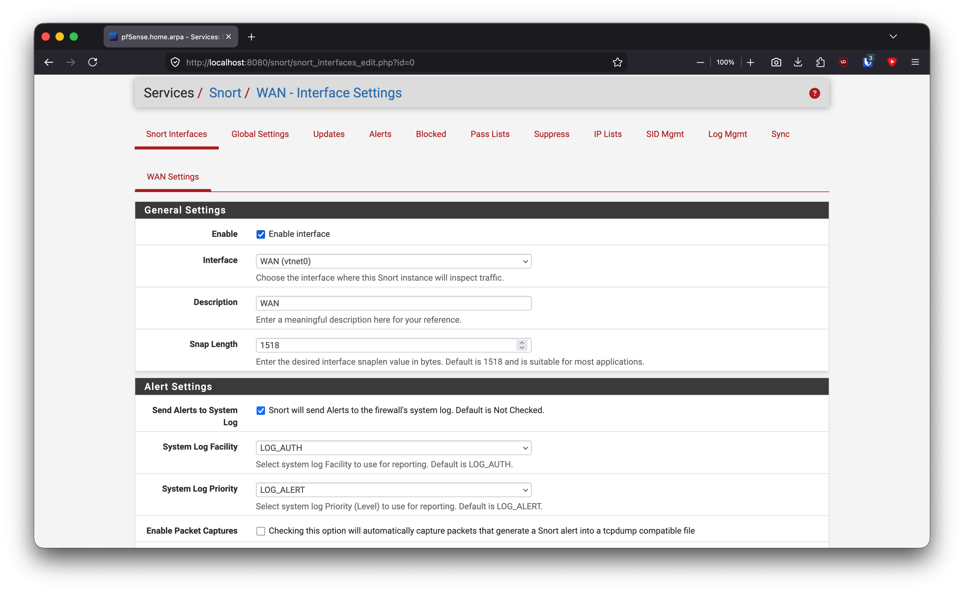 WAN Snort interface enabled and configured to send alerts to the system log.