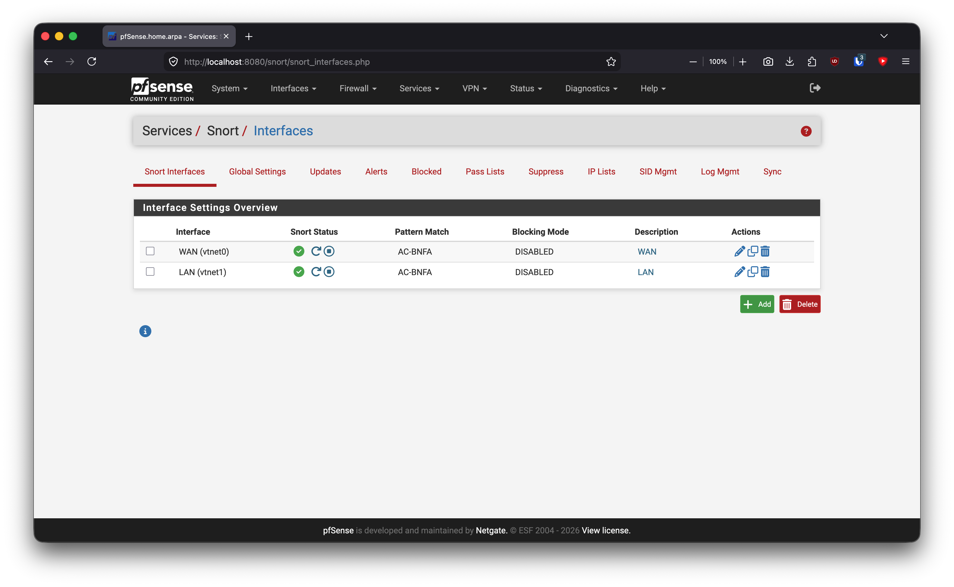 Snort interfaces running with blocking disabled.