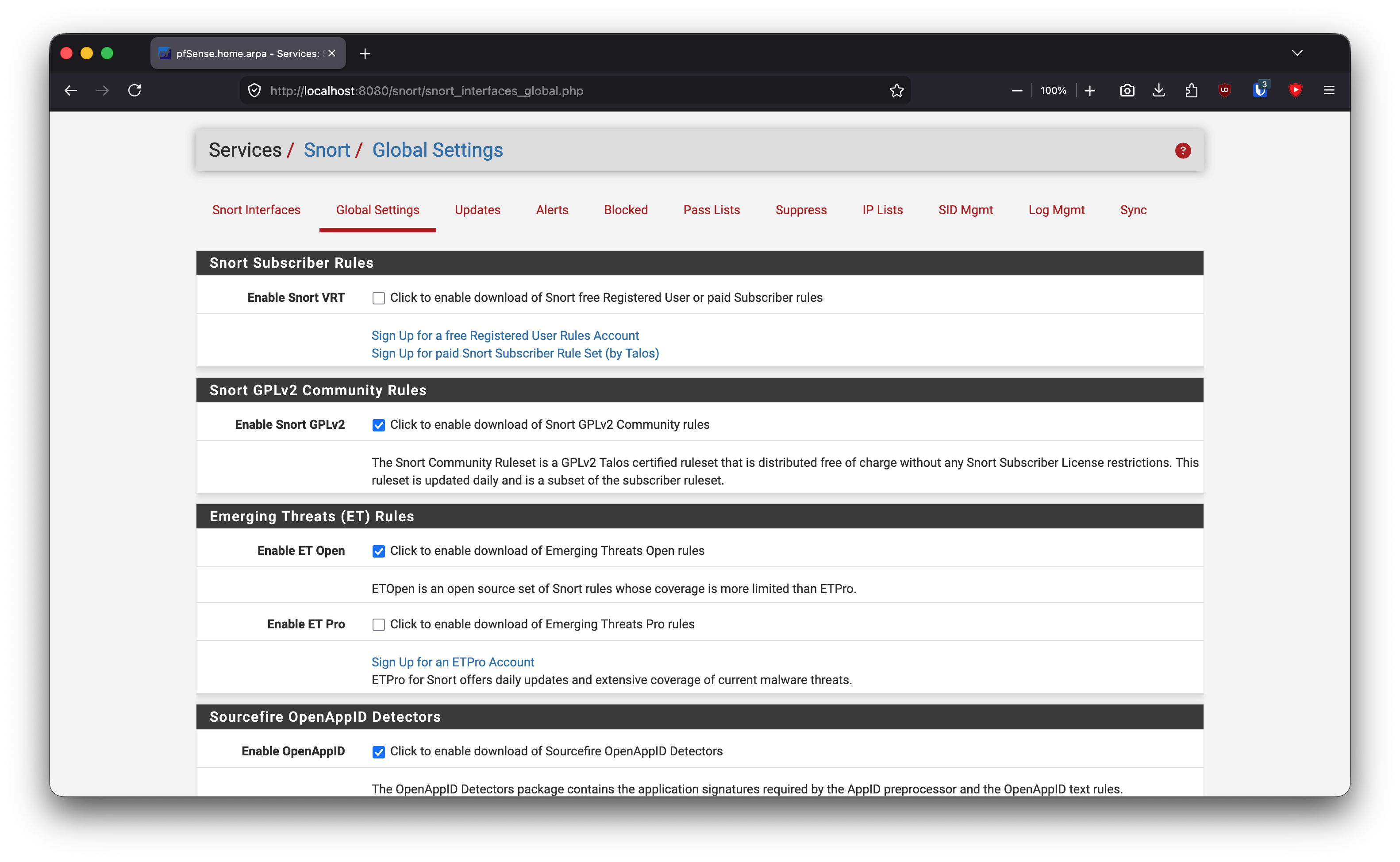 Snort global rule sources enabled.