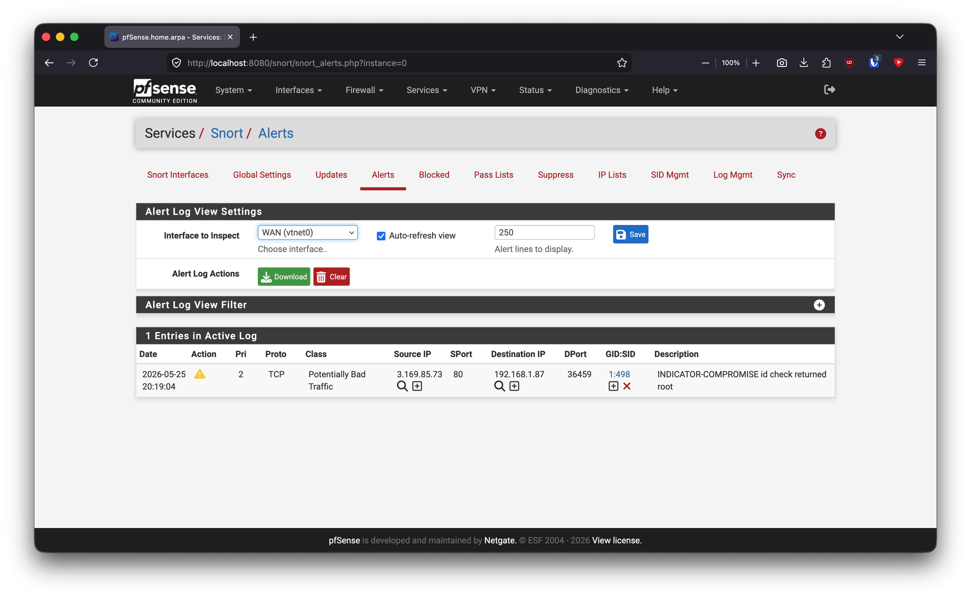First Snort alert visible in pfSense.
