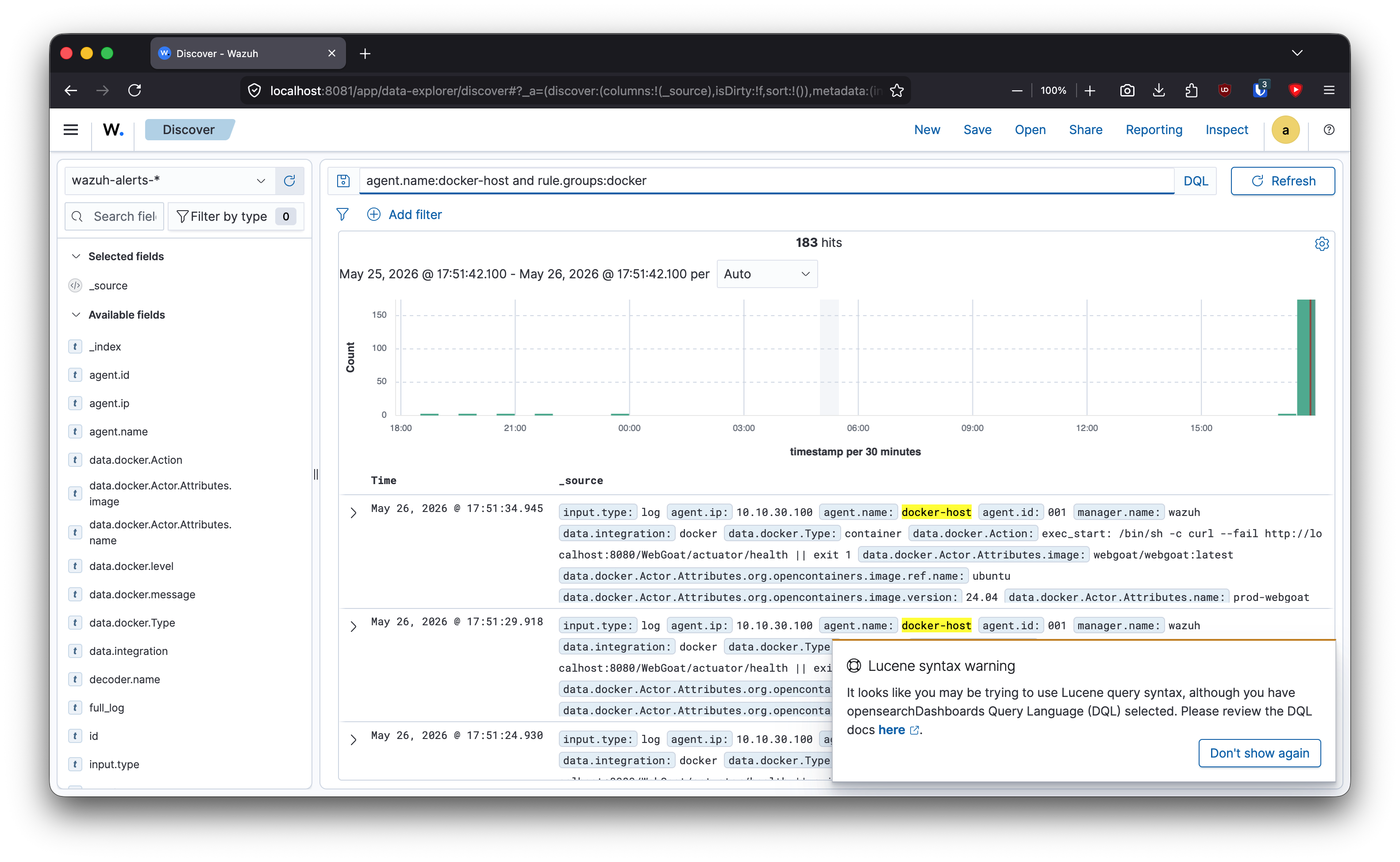 Docker lifecycle events appear in Wazuh after python3-docker is installed.