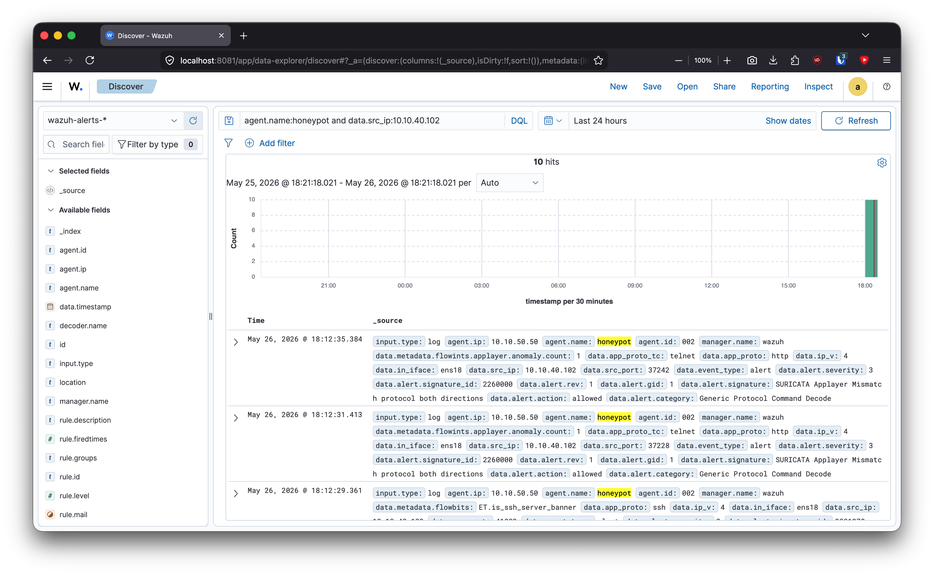T-Pot Suricata events parsed into Wazuh data fields.