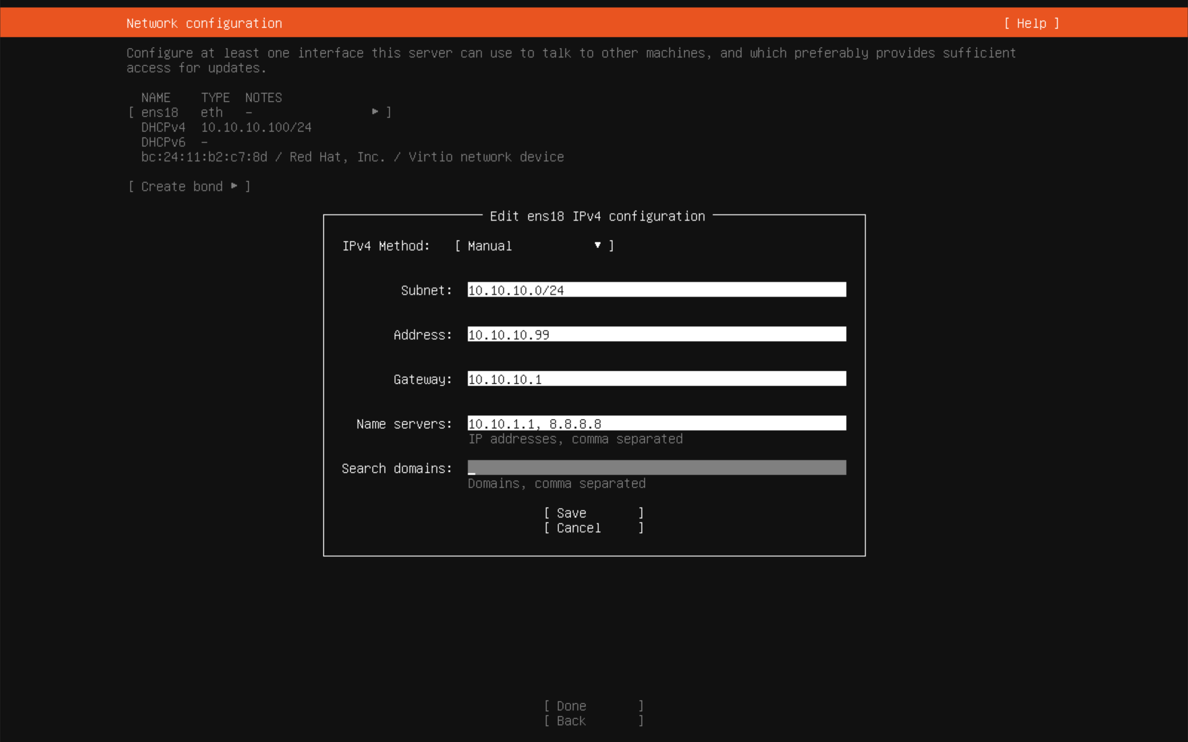 Wazuh VM receives its SIEM VLAN address during Ubuntu installation.