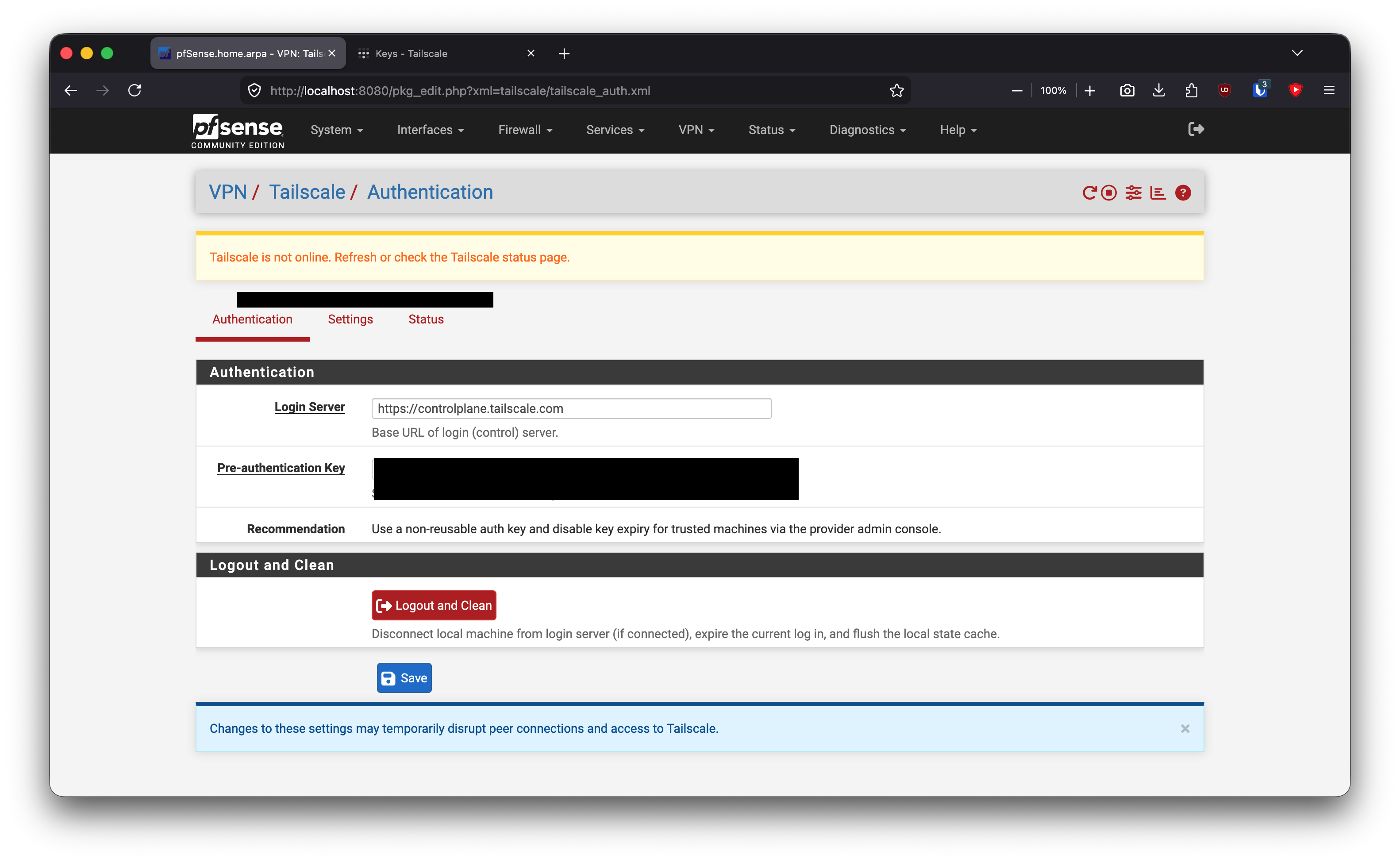 Generating a Tailscale auth key.