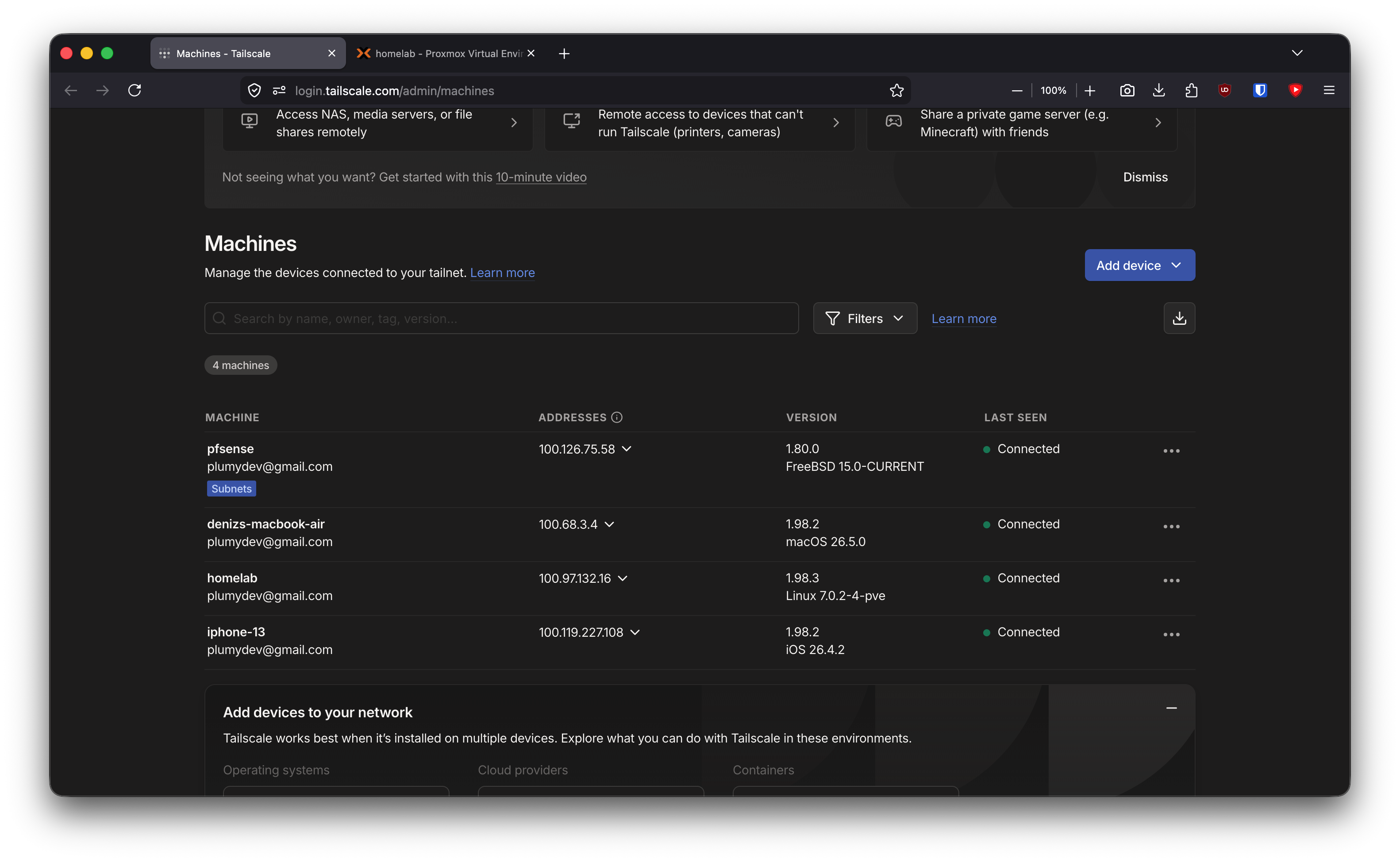 pfSense appears in Tailscale as a subnet router.