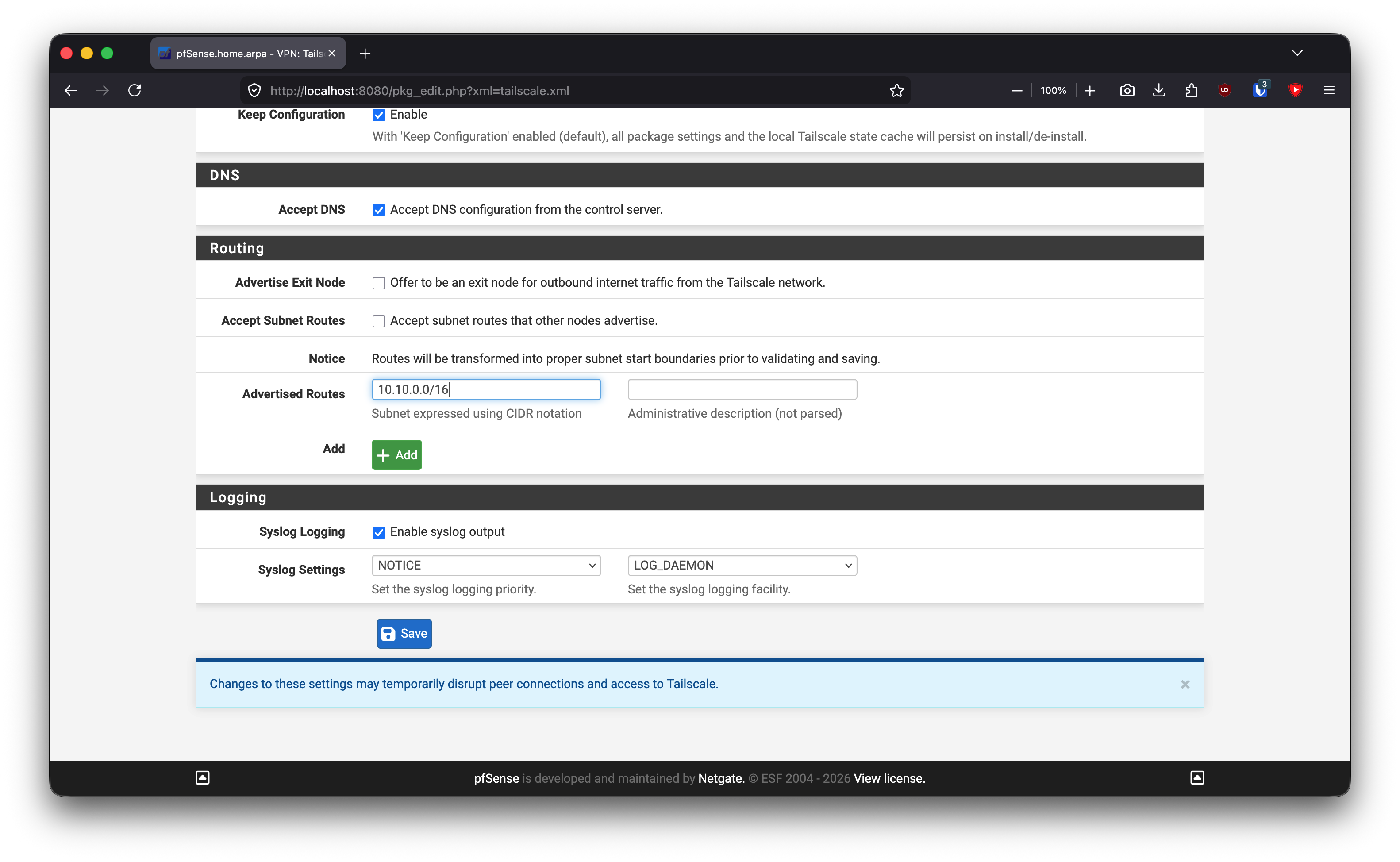 Installing the Tailscale package on pfSense.