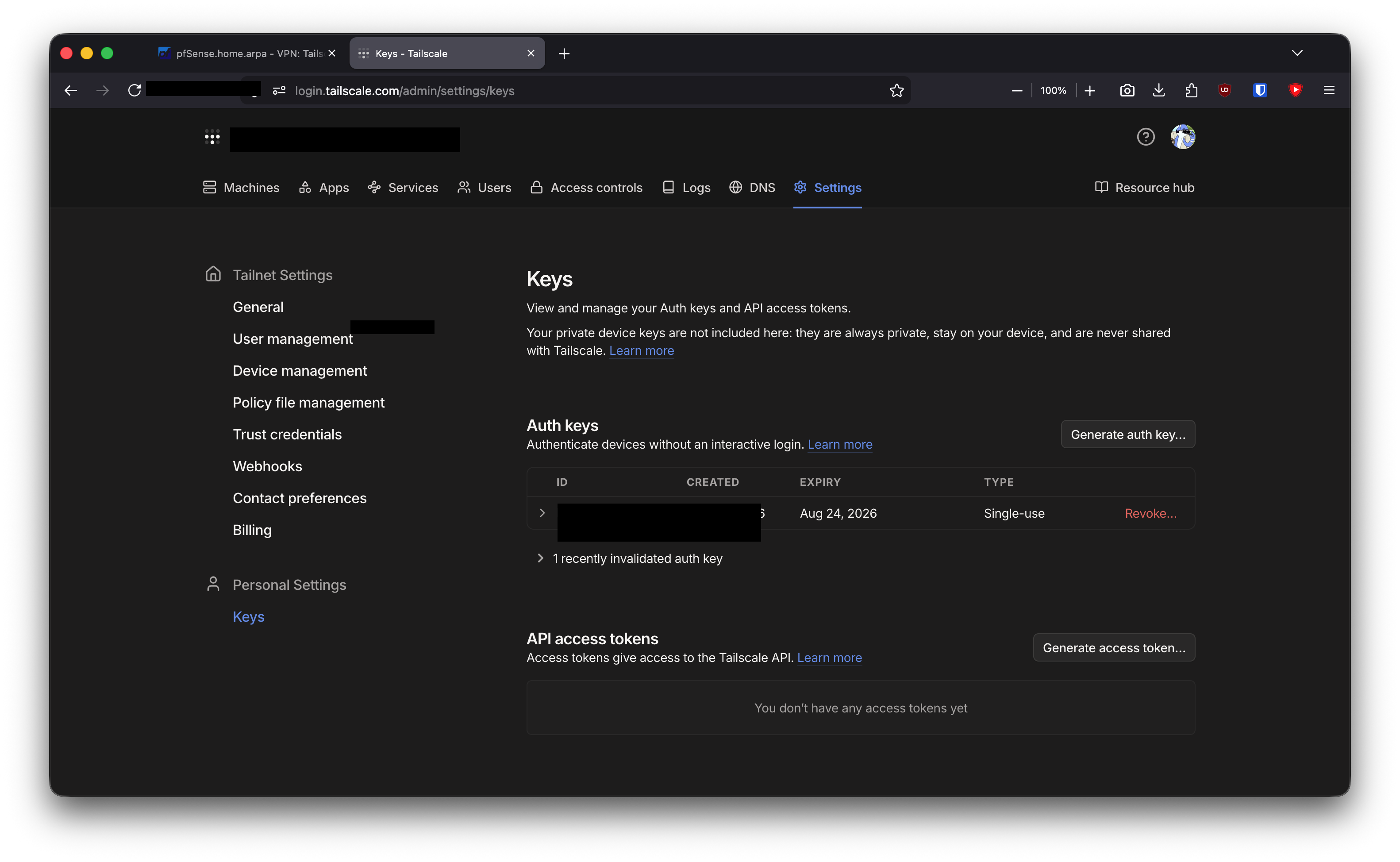 Authenticating pfSense to the tailnet.