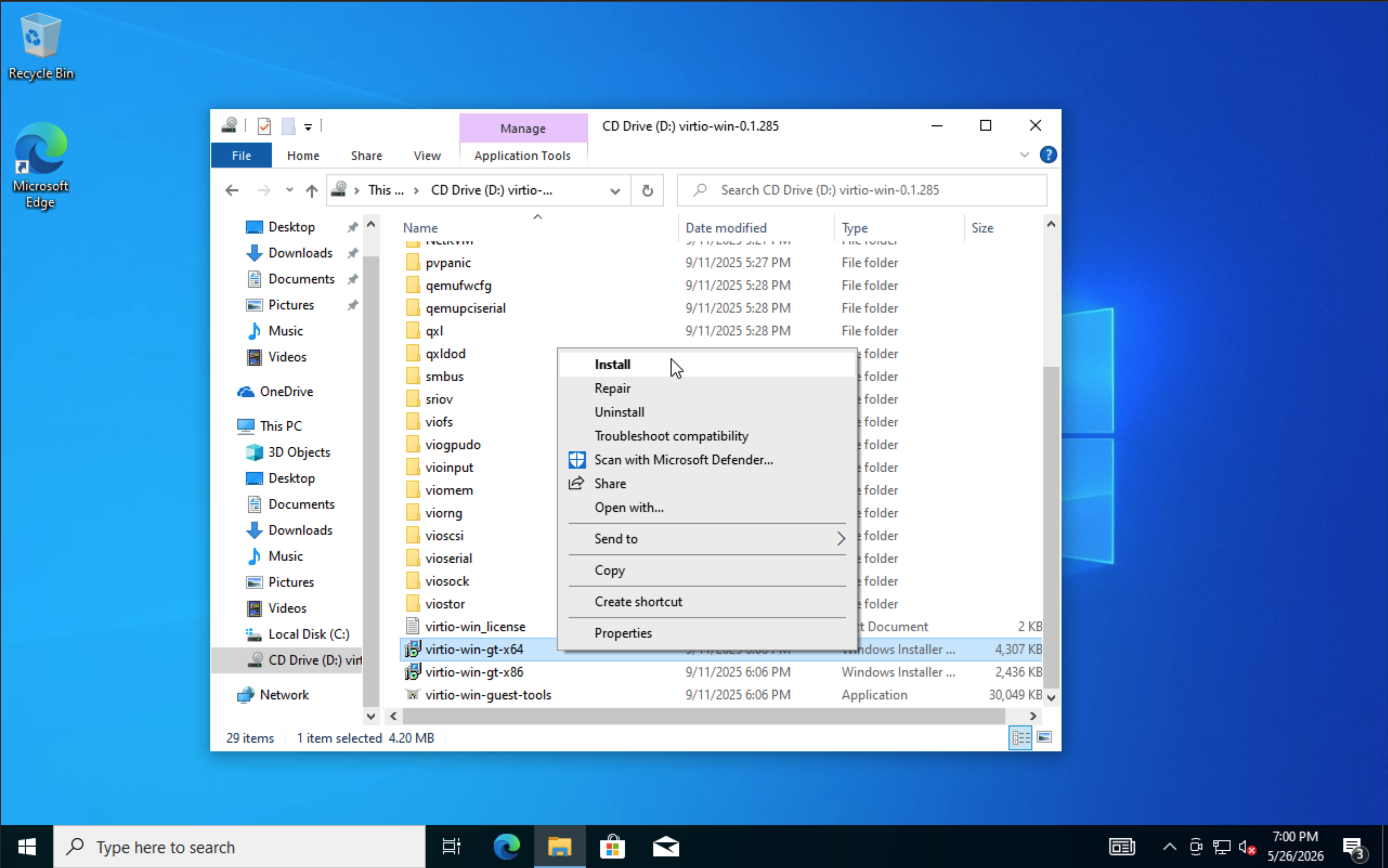 VirtIO driver installation inside Windows.