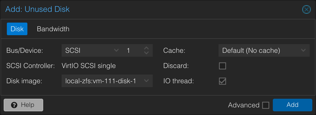 Imported QCOW2 appears as an unused disk before it is attached.