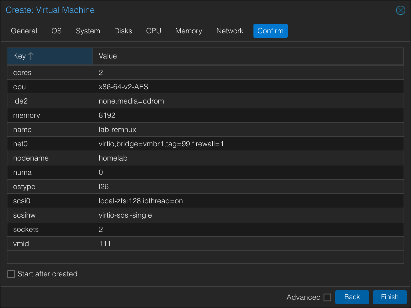 Empty REMnux VM created first so Proxmox has the VM ID and config file.