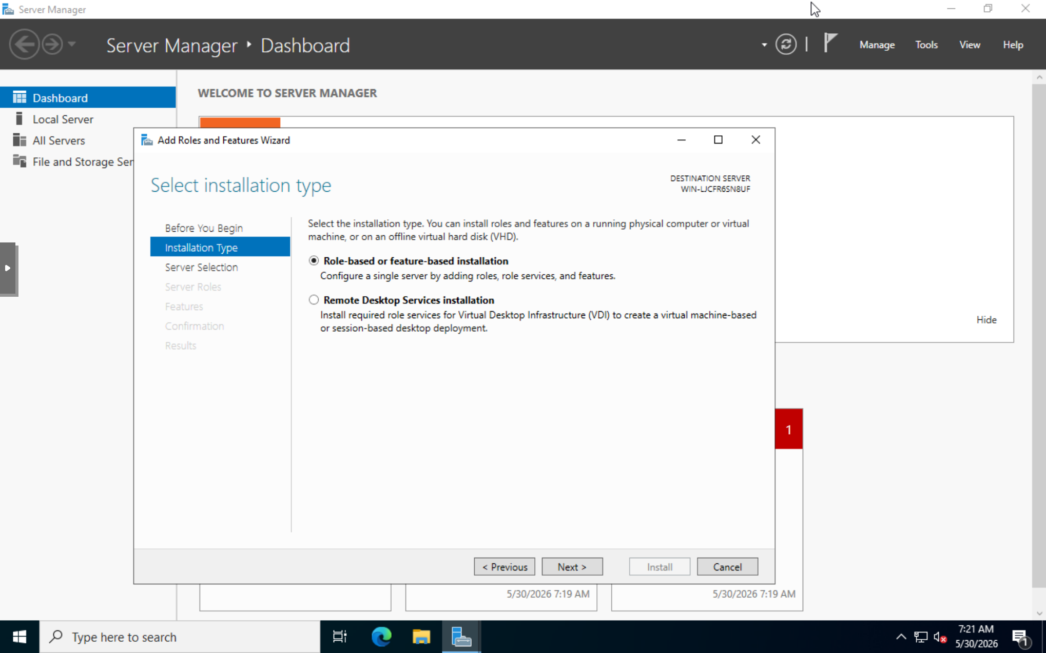 Role-based or feature-based installation selected in Server Manager.