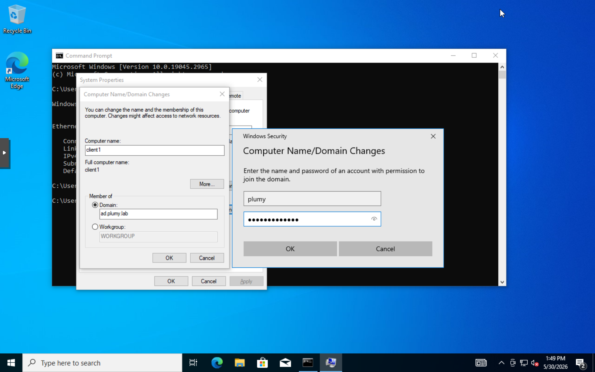 Windows client joining ad.plumy.lab.