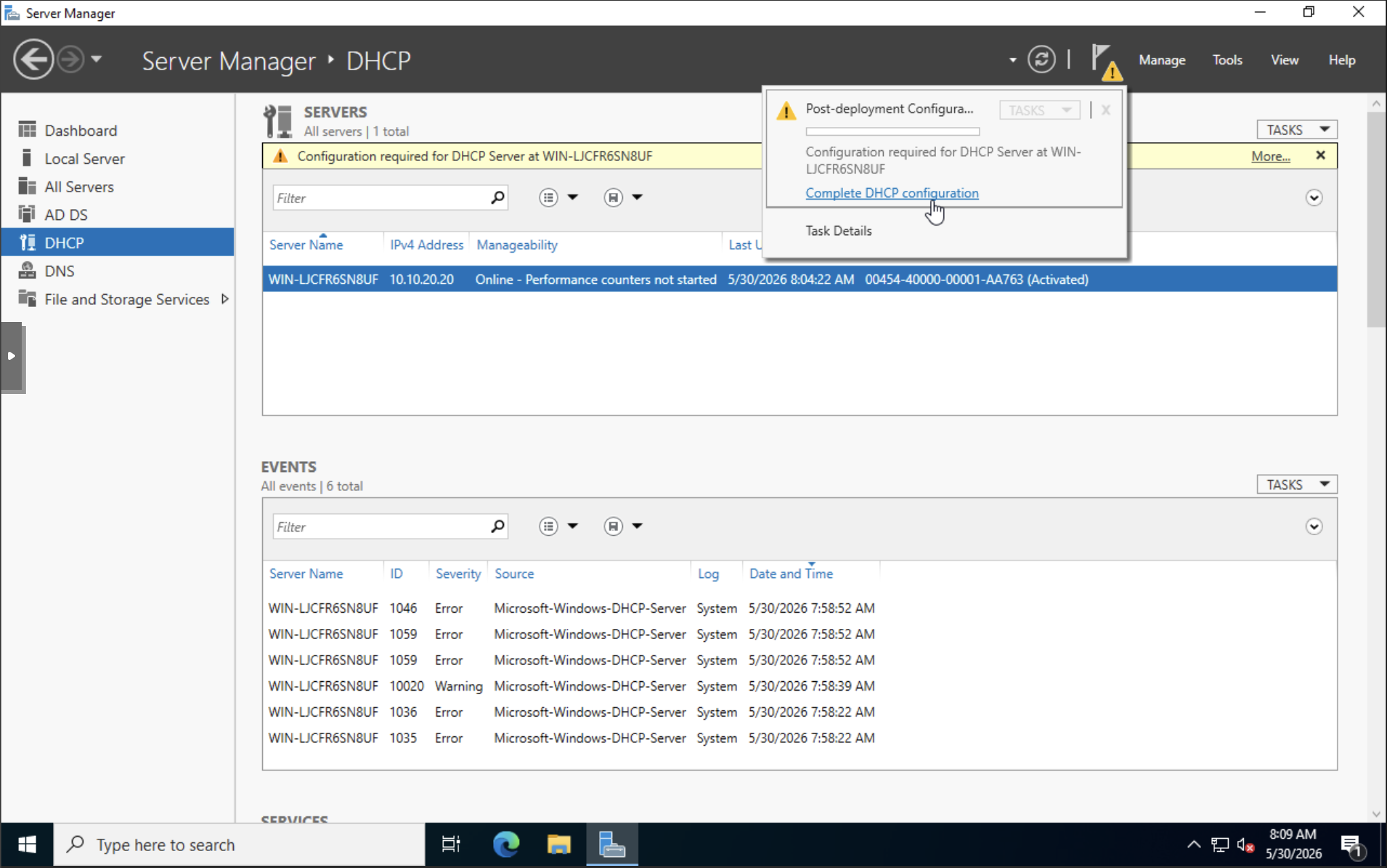 DHCP post-deployment configuration authorizes the server in Active Directory.