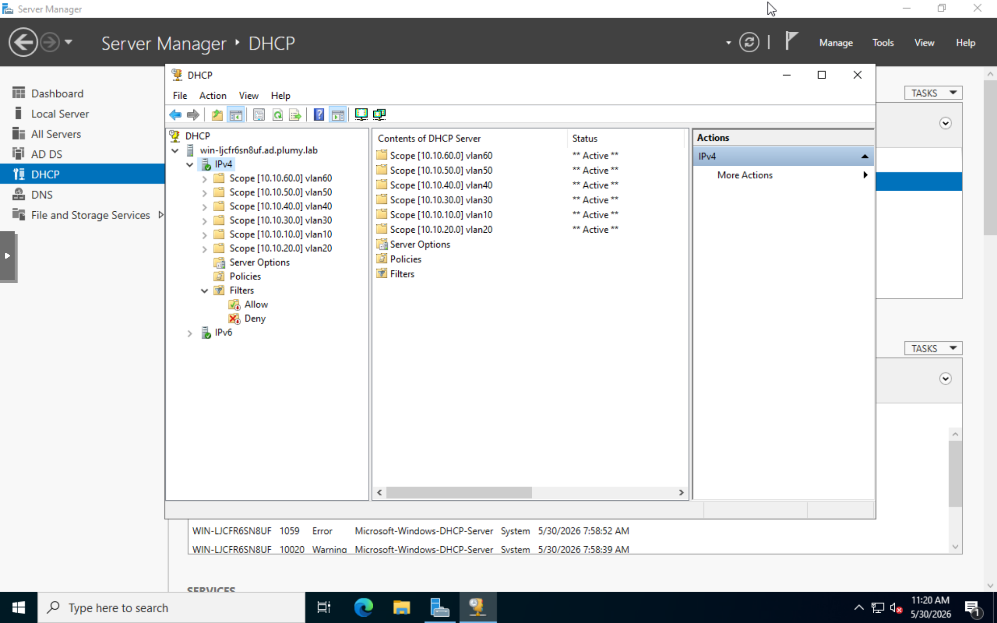 Windows DHCP scopes active for the lab VLANs.