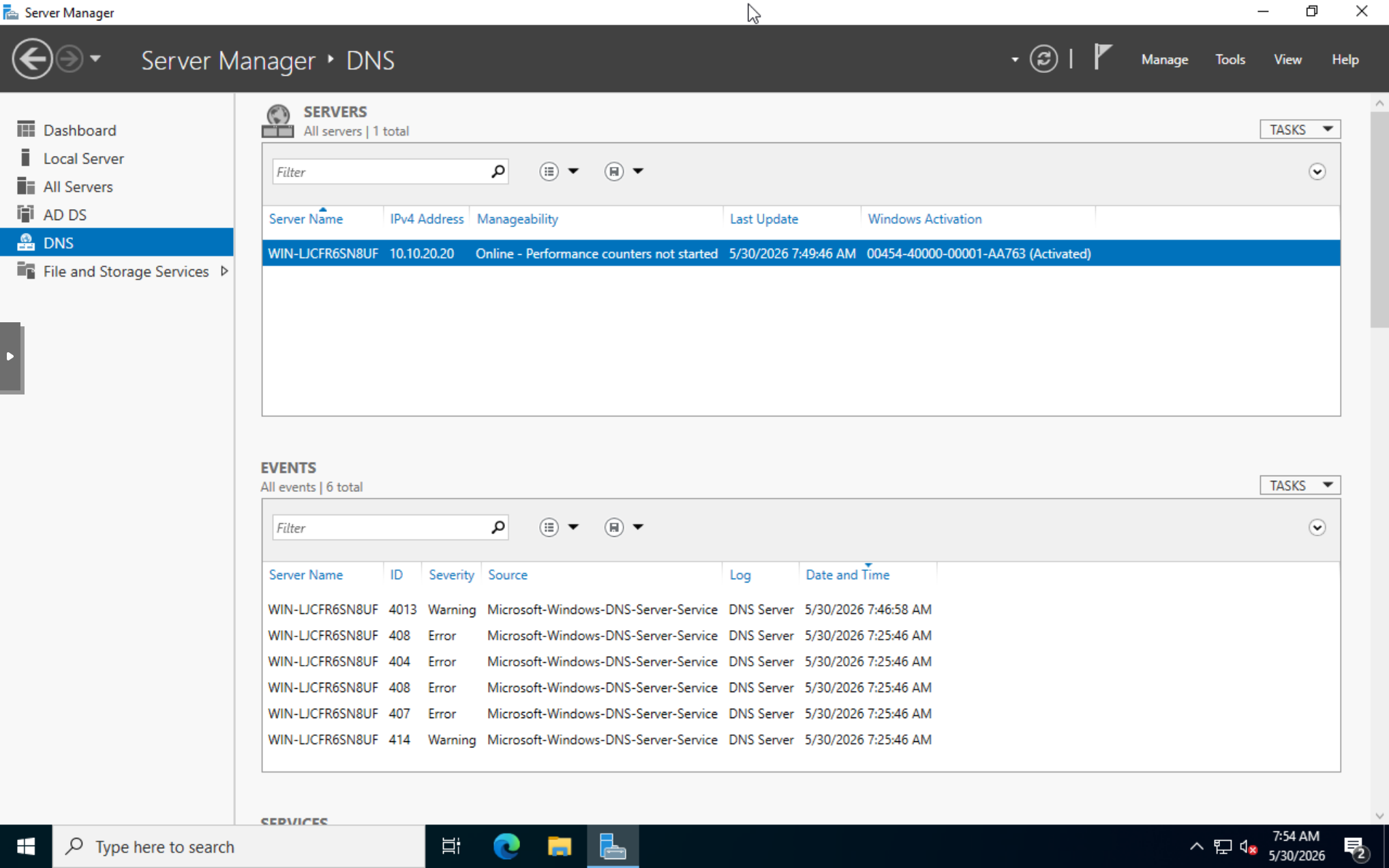 DNS role online on the domain controller.