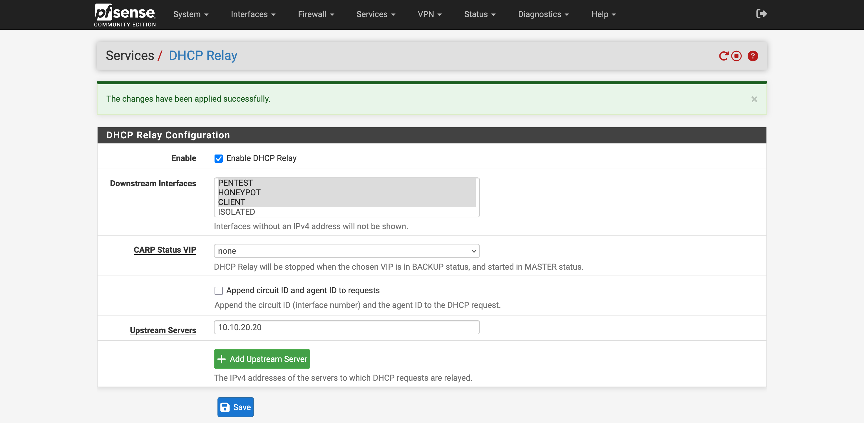 pfSense DHCP Relay forwarding requests to Windows Server at 10.10.20.20.