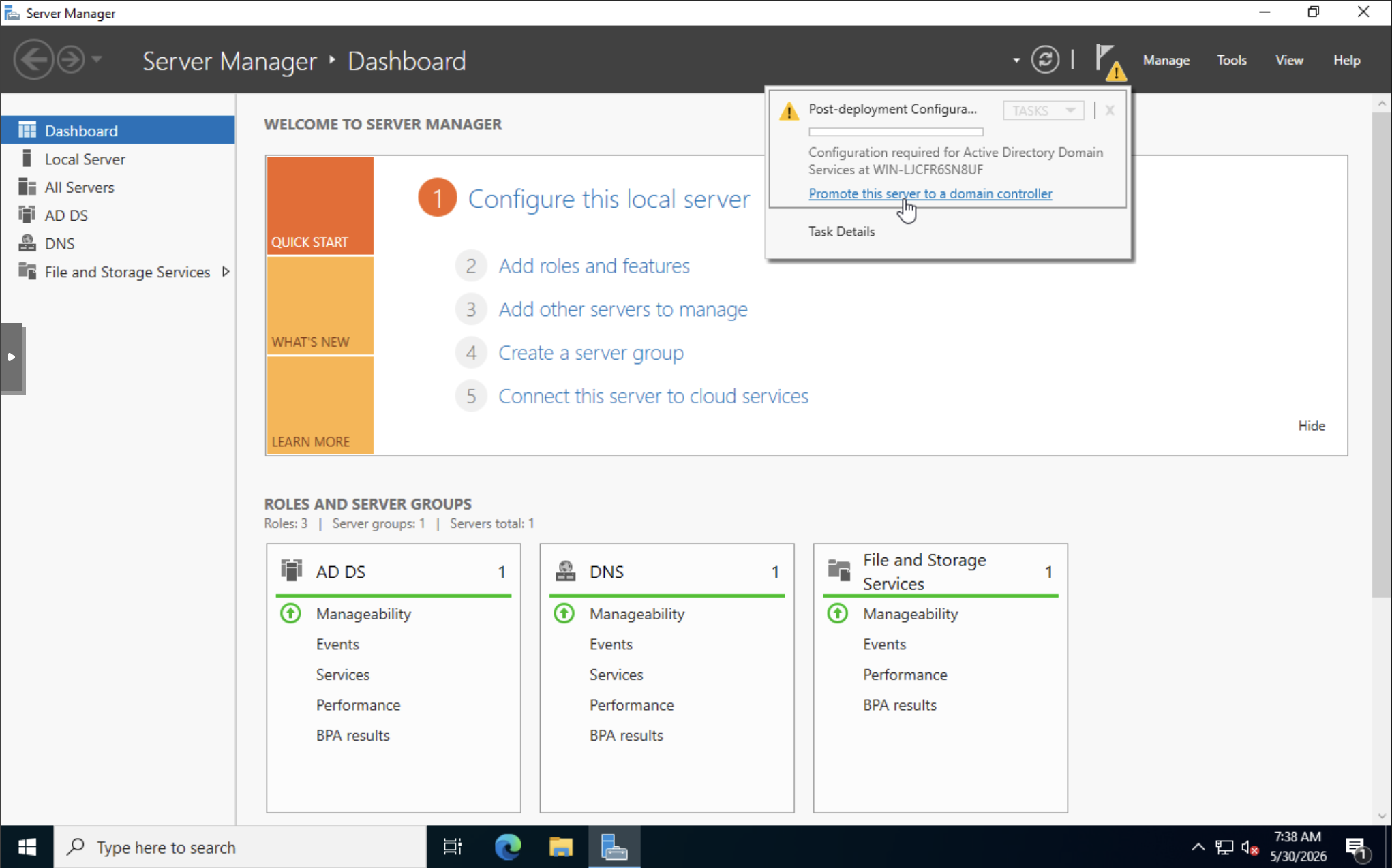 Post-deployment task to promote the server to a domain controller.