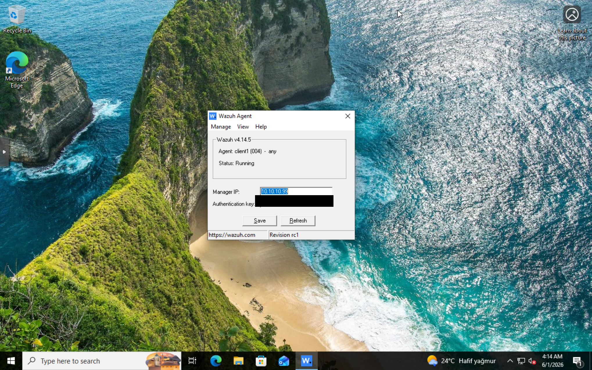 Wazuh agent running on the Windows client with manager IP 10.10.10.99.